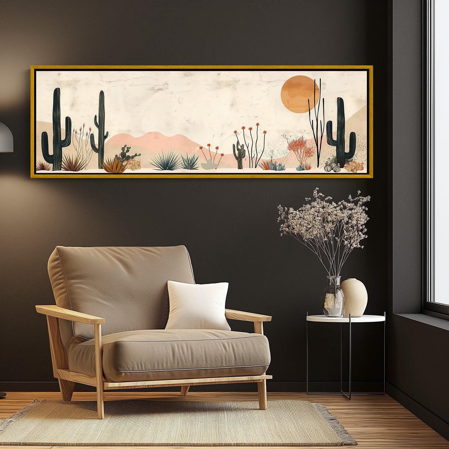 Boho Desert Minimalist Oil Painting - Long Horizontal Extra Large Canvas Art - Panoramic Modern Wall Decor for Above the Bed, Bedroom Wall Art – Canvas Print