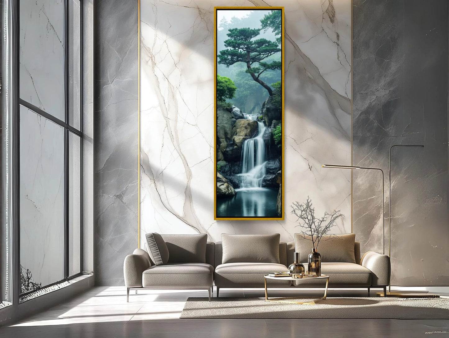 Zen Waterfall Long Vertical Canvas, Tall Narrow Tranquil Wall Art, Framed Nature Decor for Meditation Room or Living Room, Ready to Hang Wall Art – Canvas Print