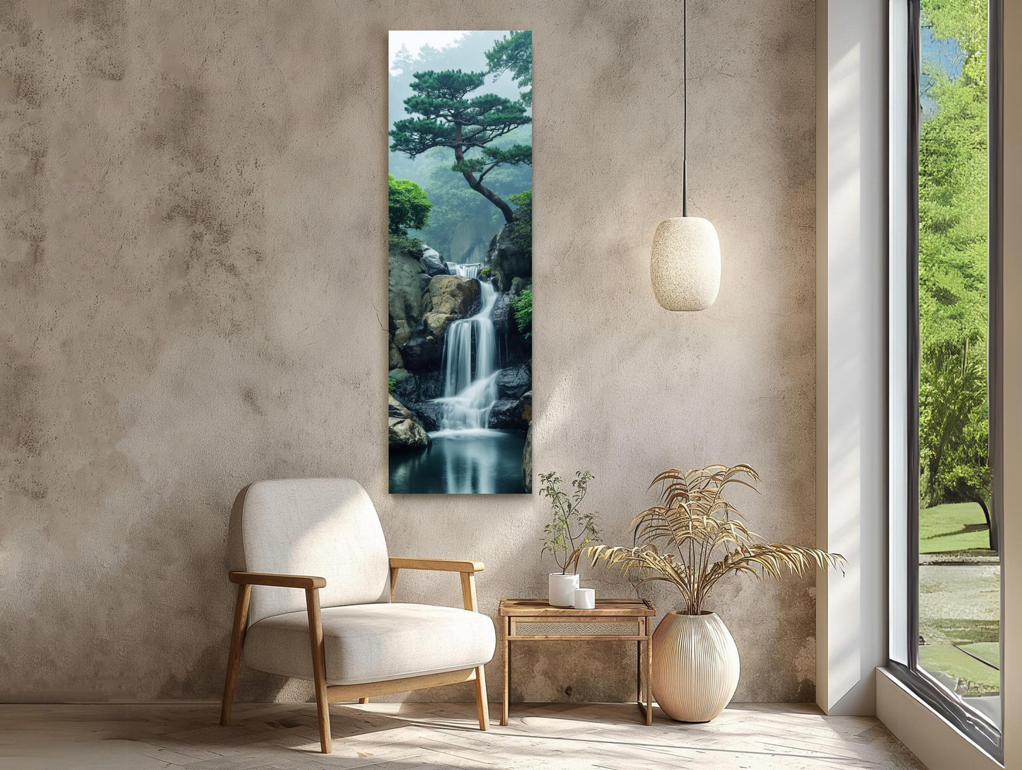 Zen Waterfall Long Vertical Canvas, Tall Narrow Tranquil Wall Art, Framed Nature Decor for Meditation Room or Living Room, Ready to Hang Wall Art – Canvas Print