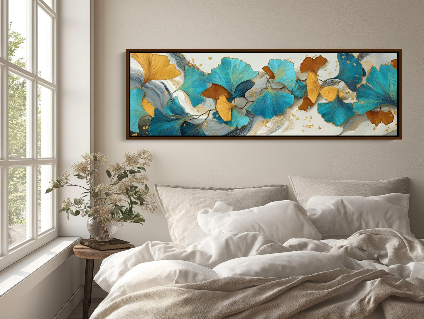Ginkgo Leaf Abstract Canvas Wall Art Extra Large Panoramic Horizontal Botanical Print For Elegant Contemporary Room Decor Wall Art – Canvas Print