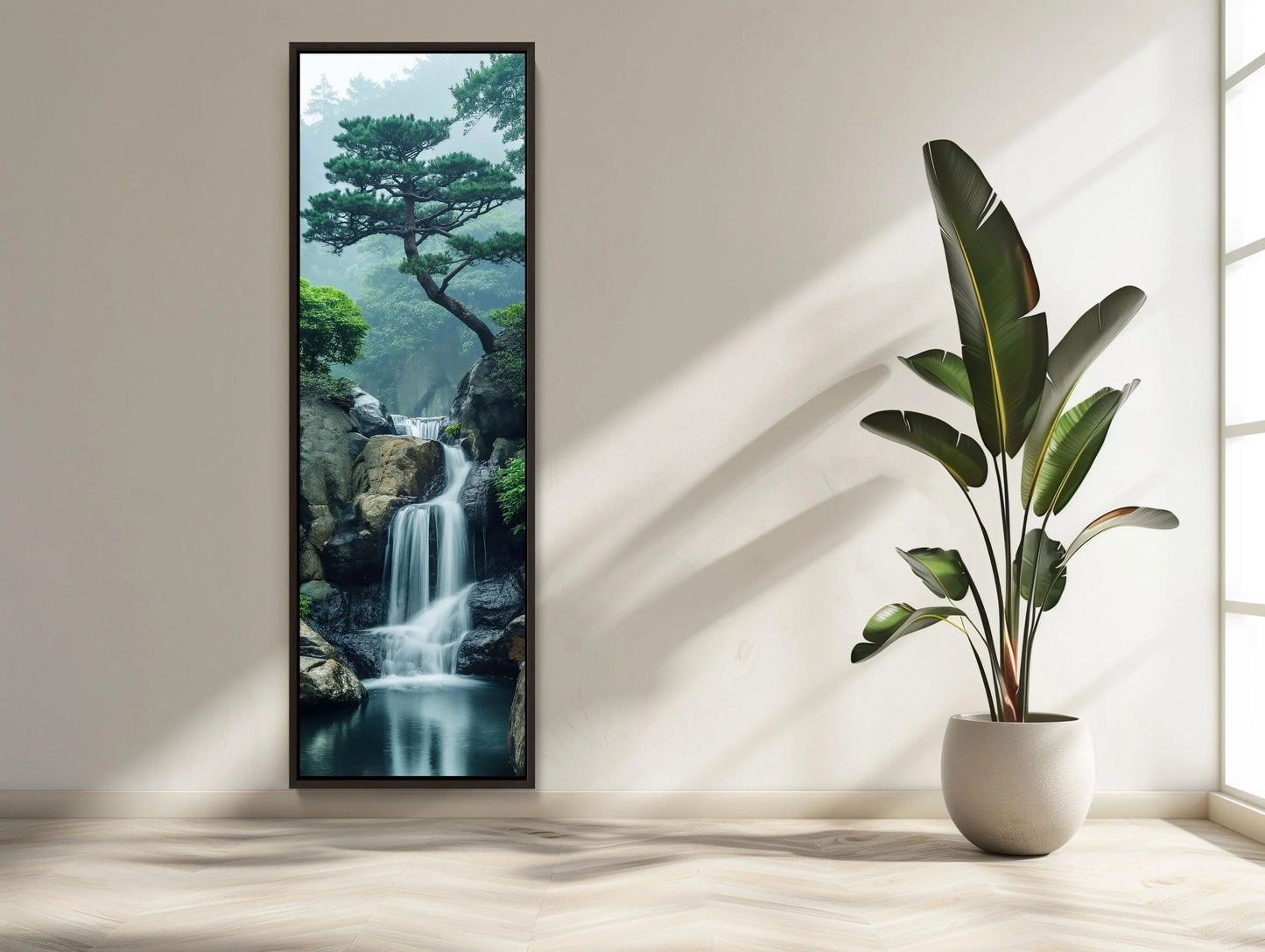 Zen Waterfall Long Vertical Canvas, Tall Narrow Tranquil Wall Art, Framed Nature Decor for Meditation Room or Living Room, Ready to Hang Wall Art – Canvas Print