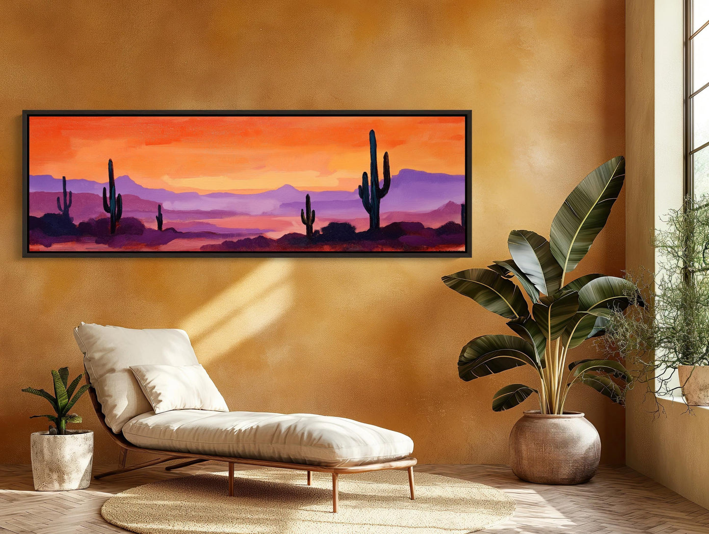 Desert Sunset Painting Print, Saguaro Cactus Landscape, Purple Orange Wall Art, Southwestern Panoramic Canvas, Arizona Inspired Decor Wall Art – Canvas Print
