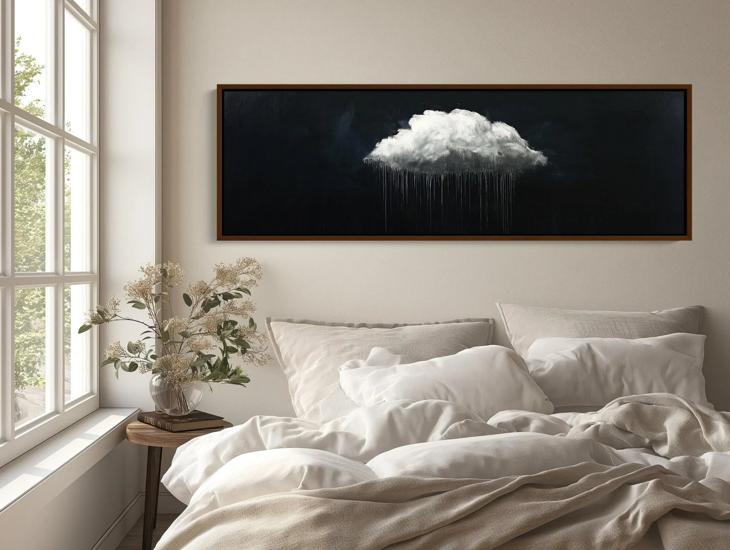 White cloud canvas art panoramic extra large long horizontal rain cloud painting modern minimal wall decor for bedroom or office space Wall Art – Canvas Print