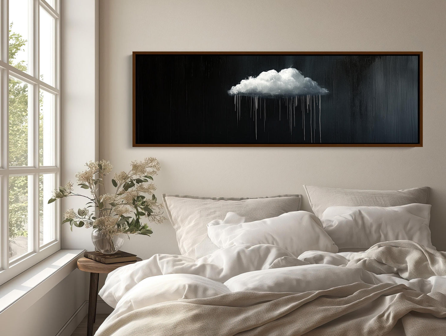 Minimalist Rain Cloud Print, Long Horizontal Extra Large Canvas Art, Black and White Modern Wall Decor for Moody Interiors Wall Art – Canvas Print