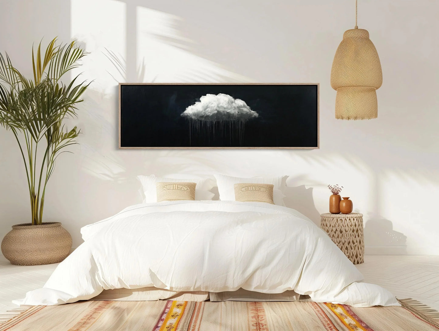 White cloud canvas art panoramic extra large long horizontal rain cloud painting modern minimal wall decor for bedroom or office space Wall Art – Canvas Print