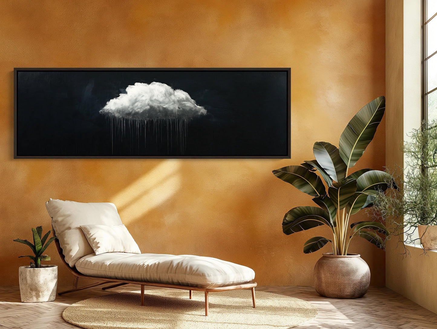 White cloud canvas art panoramic extra large long horizontal rain cloud painting modern minimal wall decor for bedroom or office space Wall Art – Canvas Print