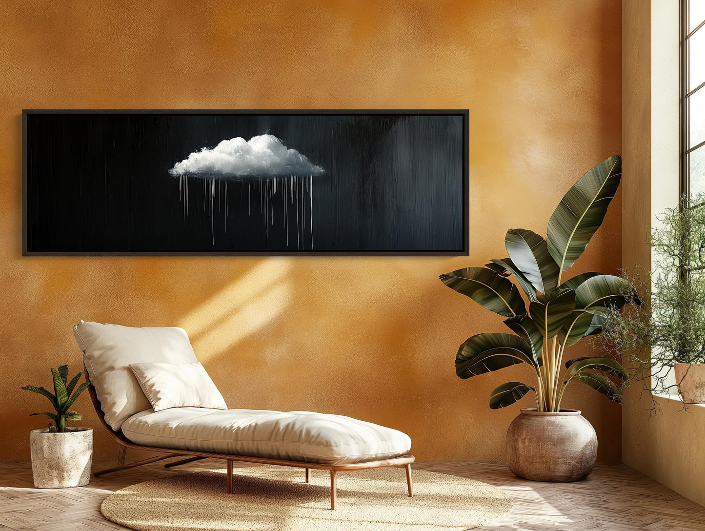 Minimalist Rain Cloud Print, Long Horizontal Extra Large Canvas Art, Black and White Modern Wall Decor for Moody Interiors Wall Art – Canvas Print