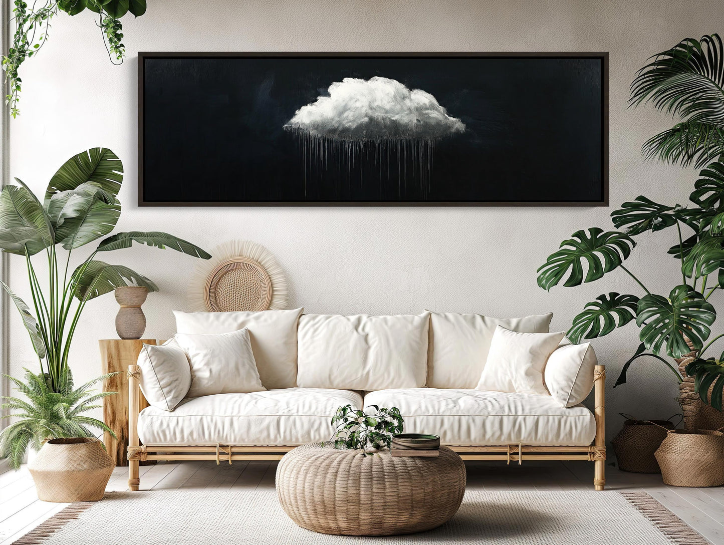 White cloud canvas art panoramic extra large long horizontal rain cloud painting modern minimal wall decor for bedroom or office space Wall Art – Canvas Print