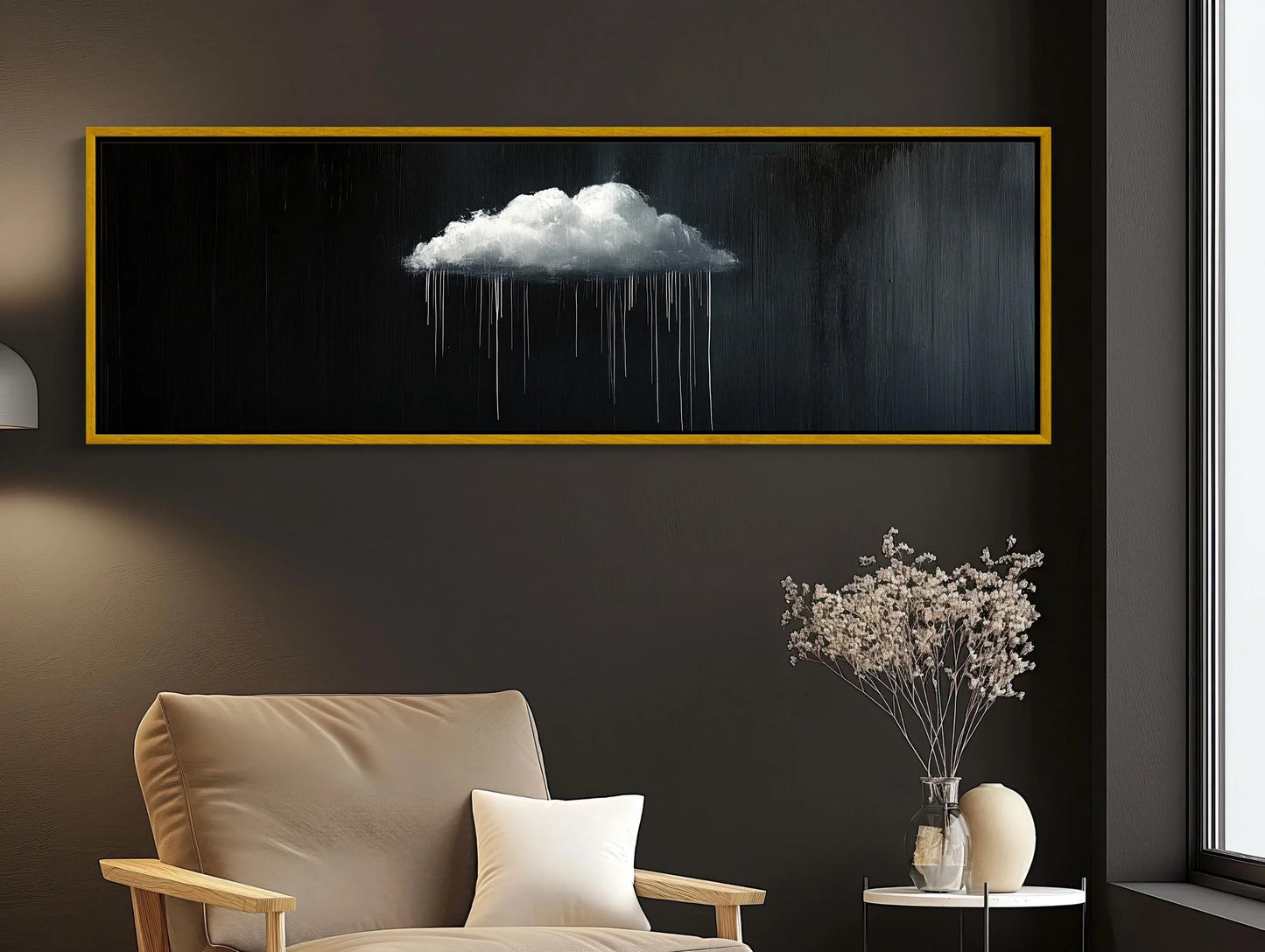Minimalist Rain Cloud Print, Long Horizontal Extra Large Canvas Art, Black and White Modern Wall Decor for Moody Interiors Wall Art – Canvas Print