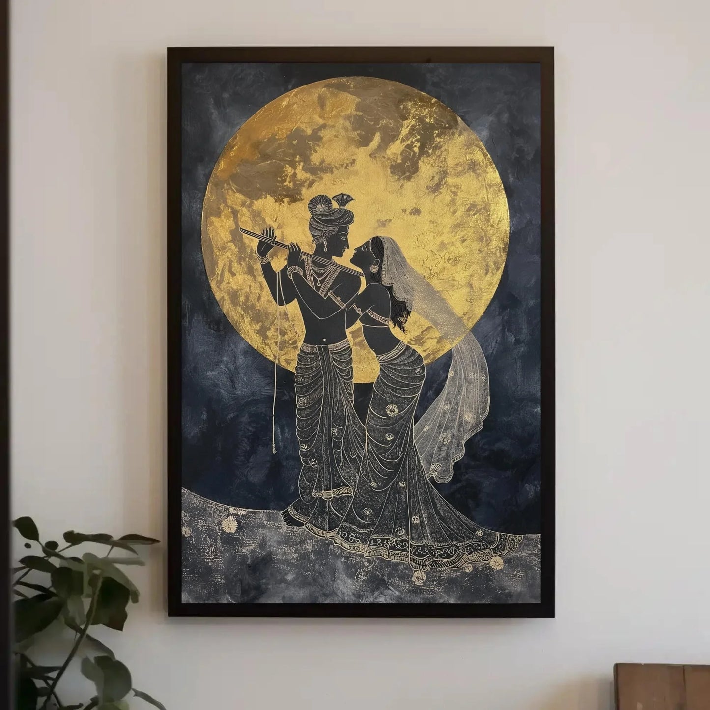 Radha Krishna Under Golden Moon Canvas Painting Print, Hindu Spiritual Wall Decor, Lord Krishna Indian God Artwork for Home, Ready to Hang Wall Art – Canvas Print