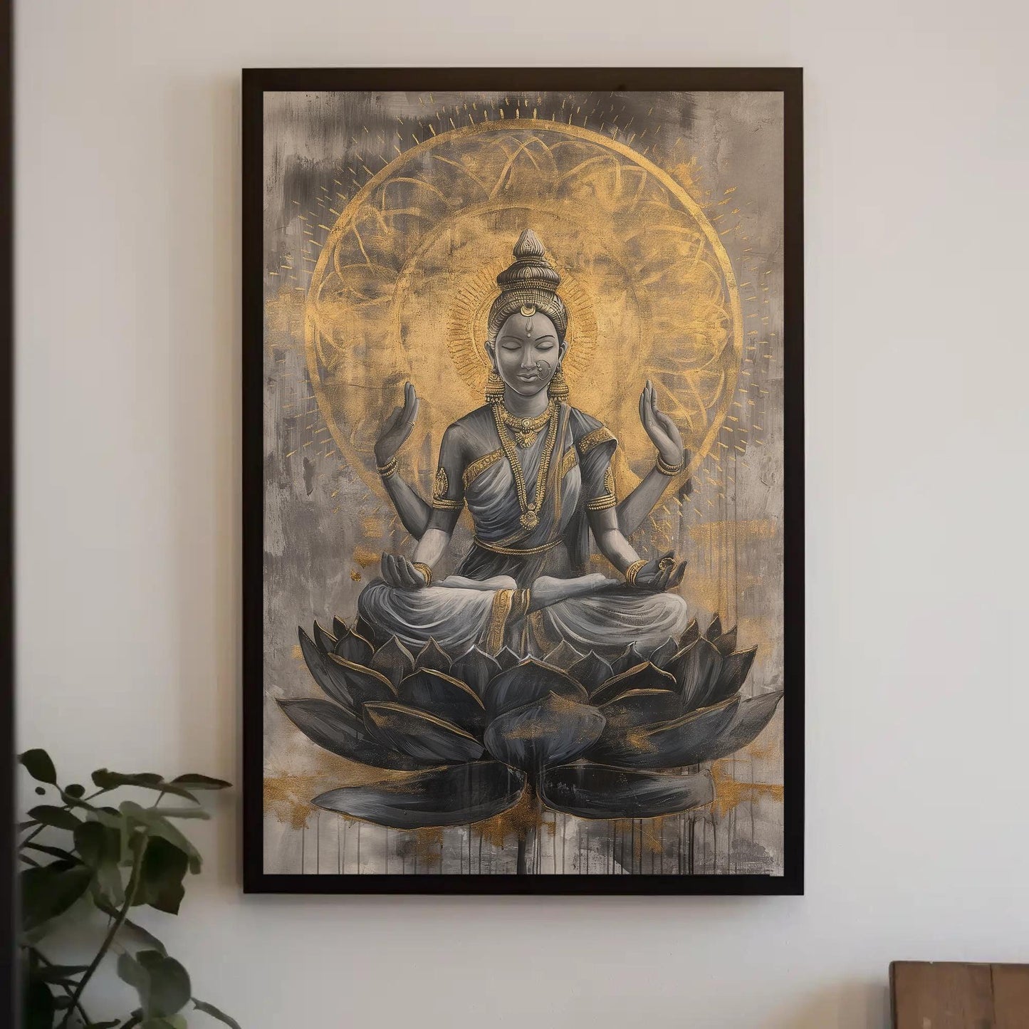 Hindu Goddess Lakshmi on Lotus Gold Painting Canvas - Divine Indian Wall Art - Framed Lakshmi Decor for Home and Office, Ready to Hang Wall Art – Canvas Print