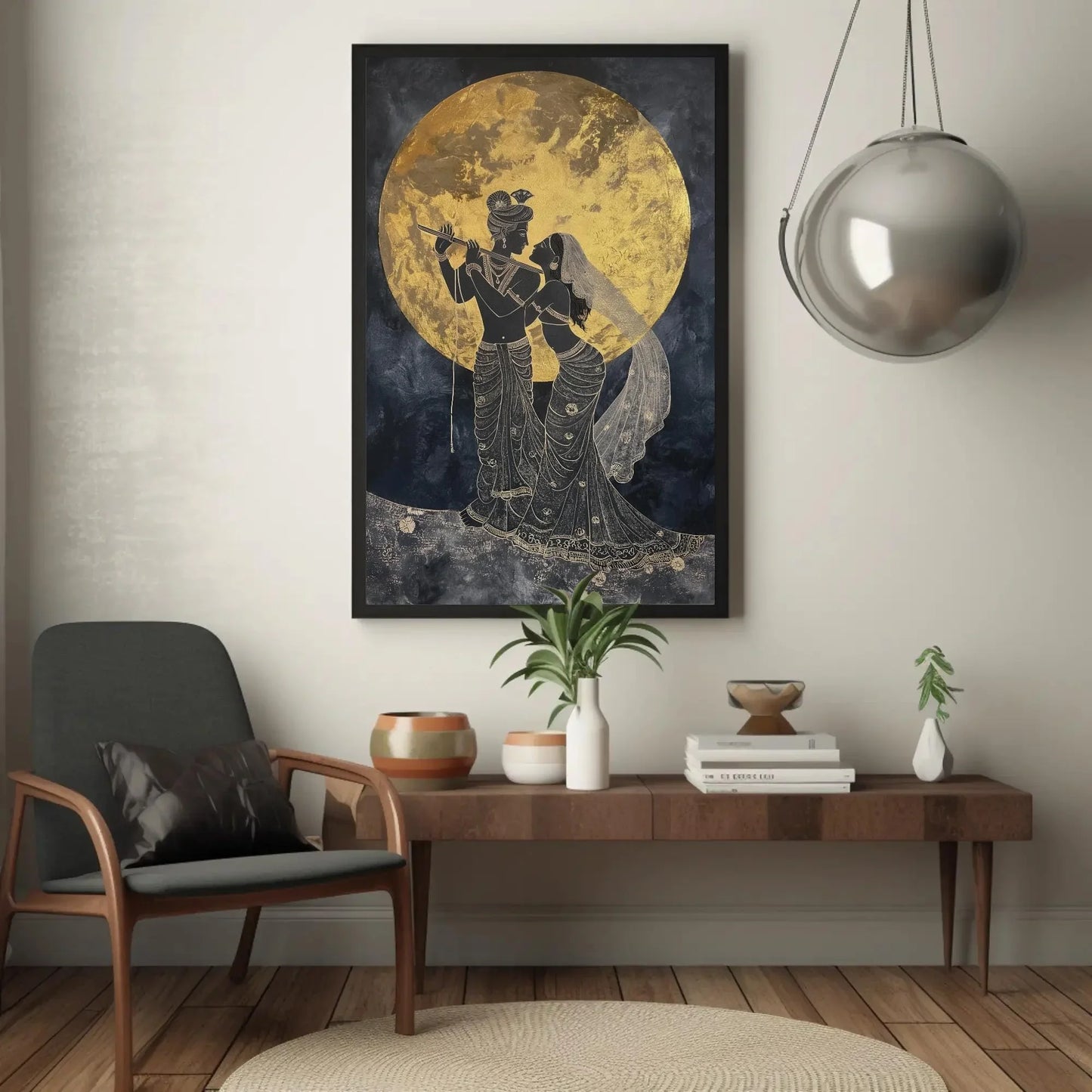 Radha Krishna Under Golden Moon Canvas Painting Print, Hindu Spiritual Wall Decor, Lord Krishna Indian God Artwork for Home, Ready to Hang Wall Art – Canvas Print