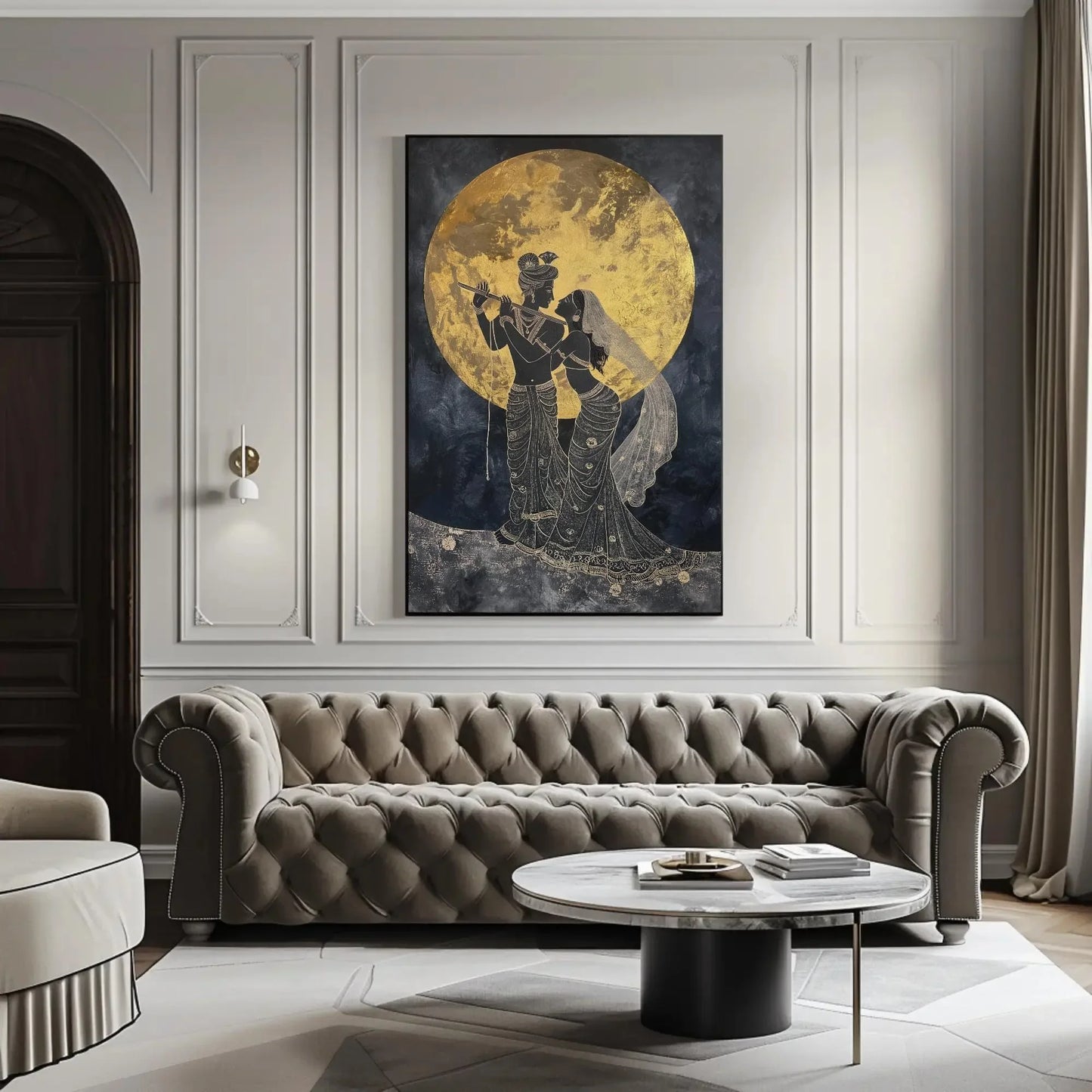 Radha Krishna Under Golden Moon Canvas Painting Print, Hindu Spiritual Wall Decor, Lord Krishna Indian God Artwork for Home, Ready to Hang Wall Art – Canvas Print