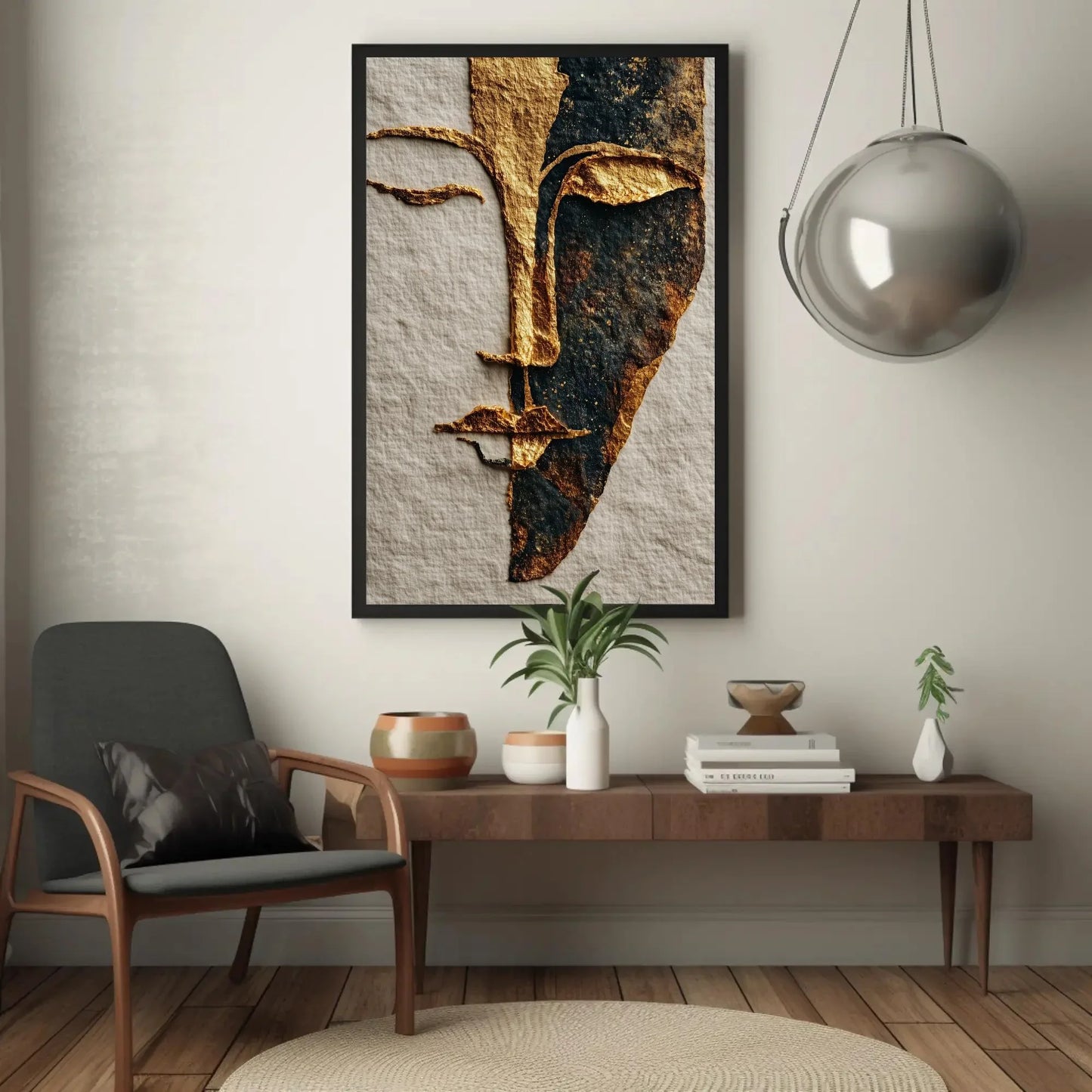Gold Foil Line Art Print, Minimalist Face Abstract, Boho Chic Wall Decor, Textured Paper Artwork, Modern Elegant Portrait, Unique Gift Idea Wall Art – Canvas Print