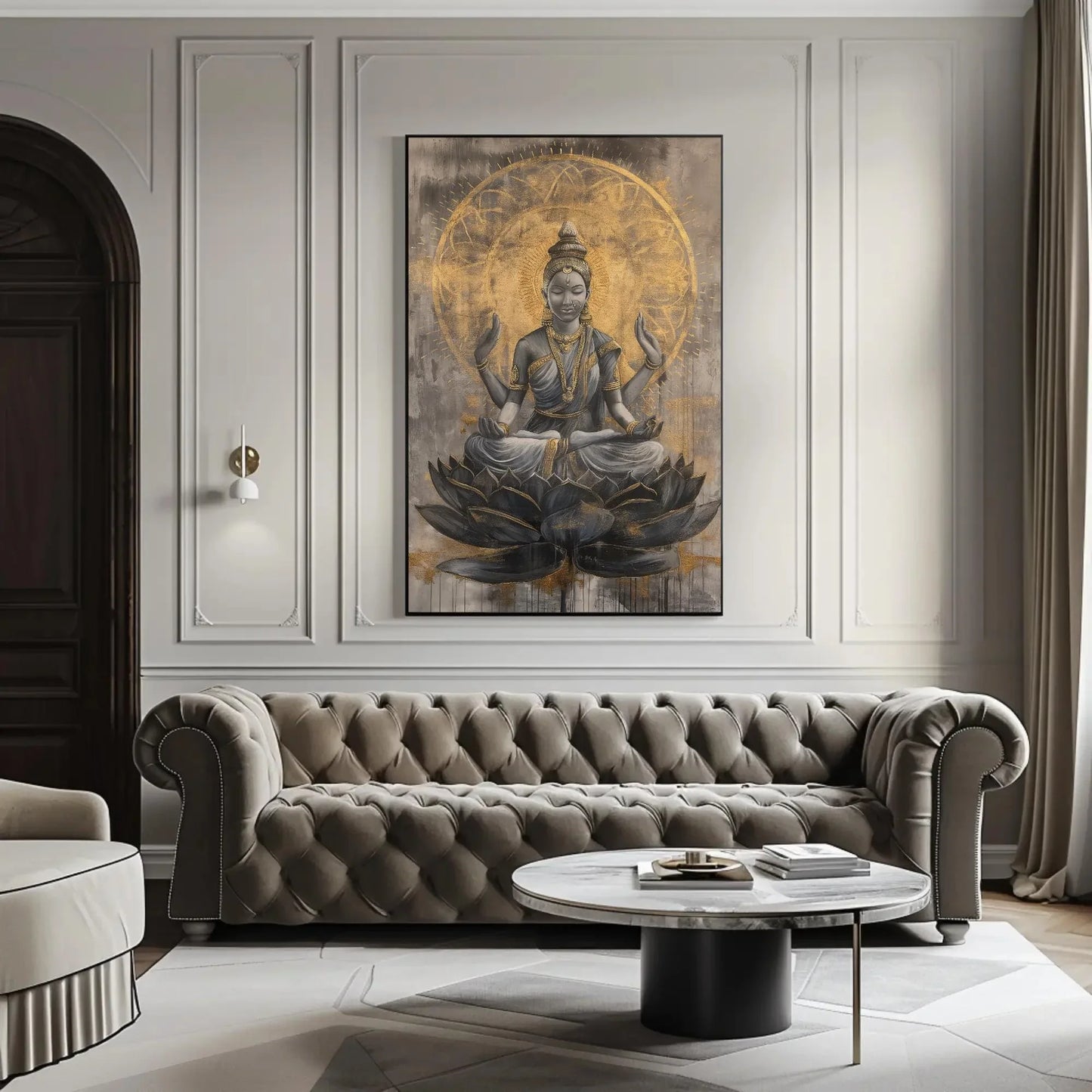 Hindu Goddess Lakshmi on Lotus Gold Painting Canvas - Divine Indian Wall Art - Framed Lakshmi Decor for Home and Office, Ready to Hang Wall Art – Canvas Print