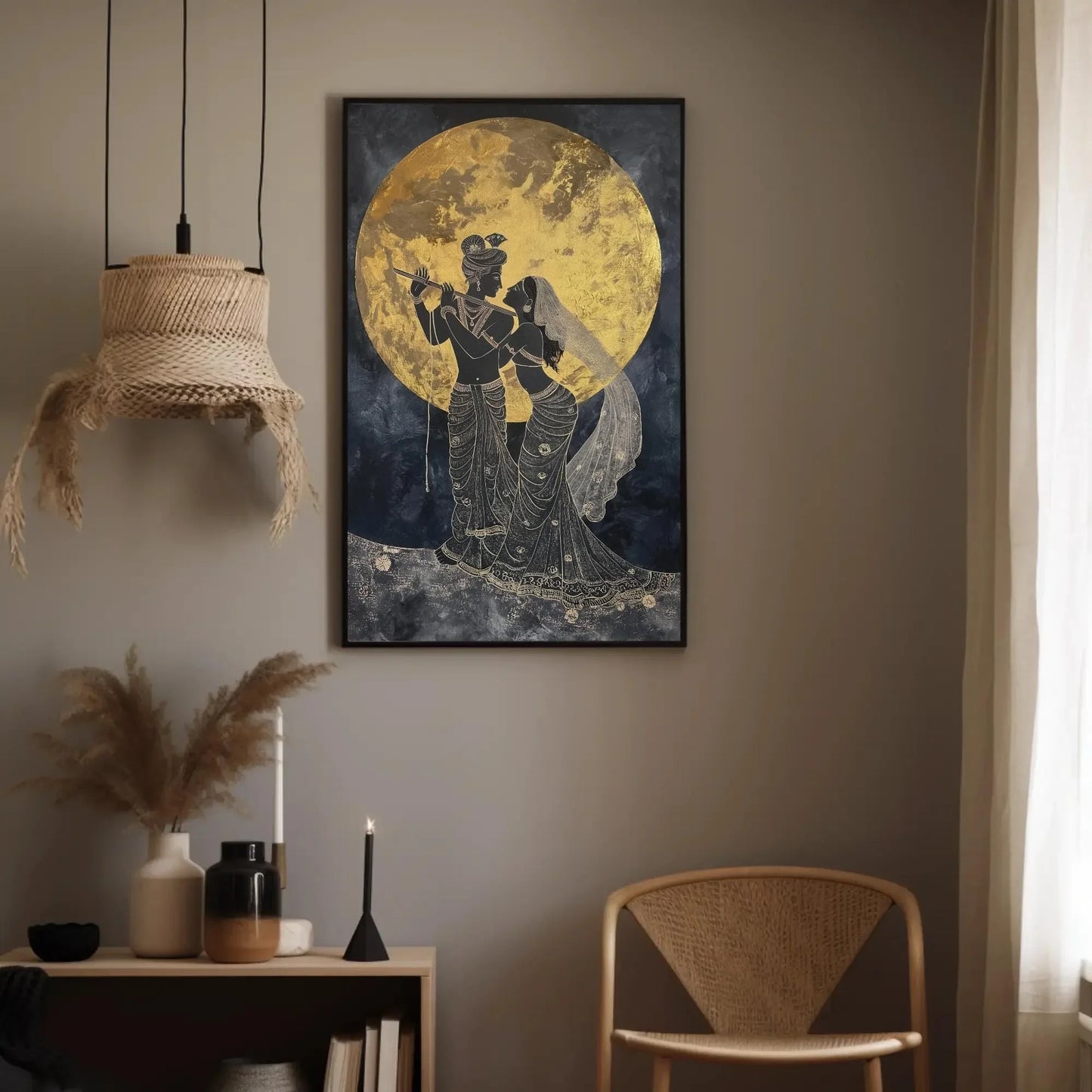Radha Krishna Under Golden Moon Canvas Painting Print, Hindu Spiritual Wall Decor, Lord Krishna Indian God Artwork for Home, Ready to Hang Wall Art – Canvas Print