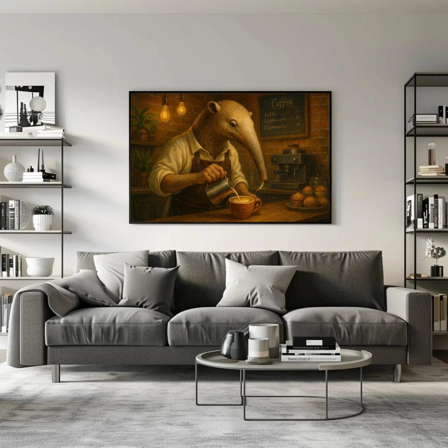 Anthropomorphic Anteater Barista Canvas Print | Coffee Shop Wall Art | Quirky Animal Kitchen Decor | Unique Coffee Lover Gift Wall Art – Canvas Print