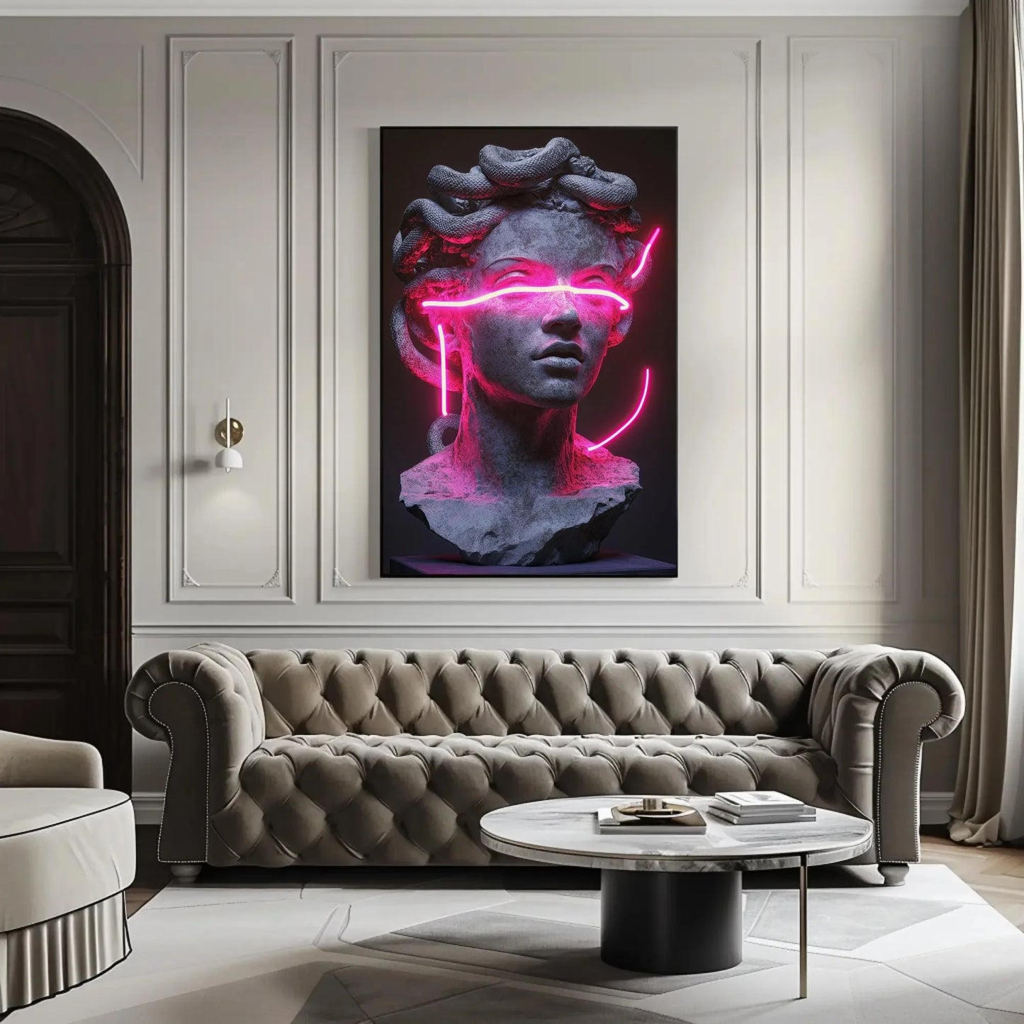 Neon Medusa Canvas Print, Extra Large Cyberpunk Greek Statue Wall Art, Modern Pink Neon Decor for Studio, Bedroom, Alternative Gallery Space Wall Art – Canvas Print