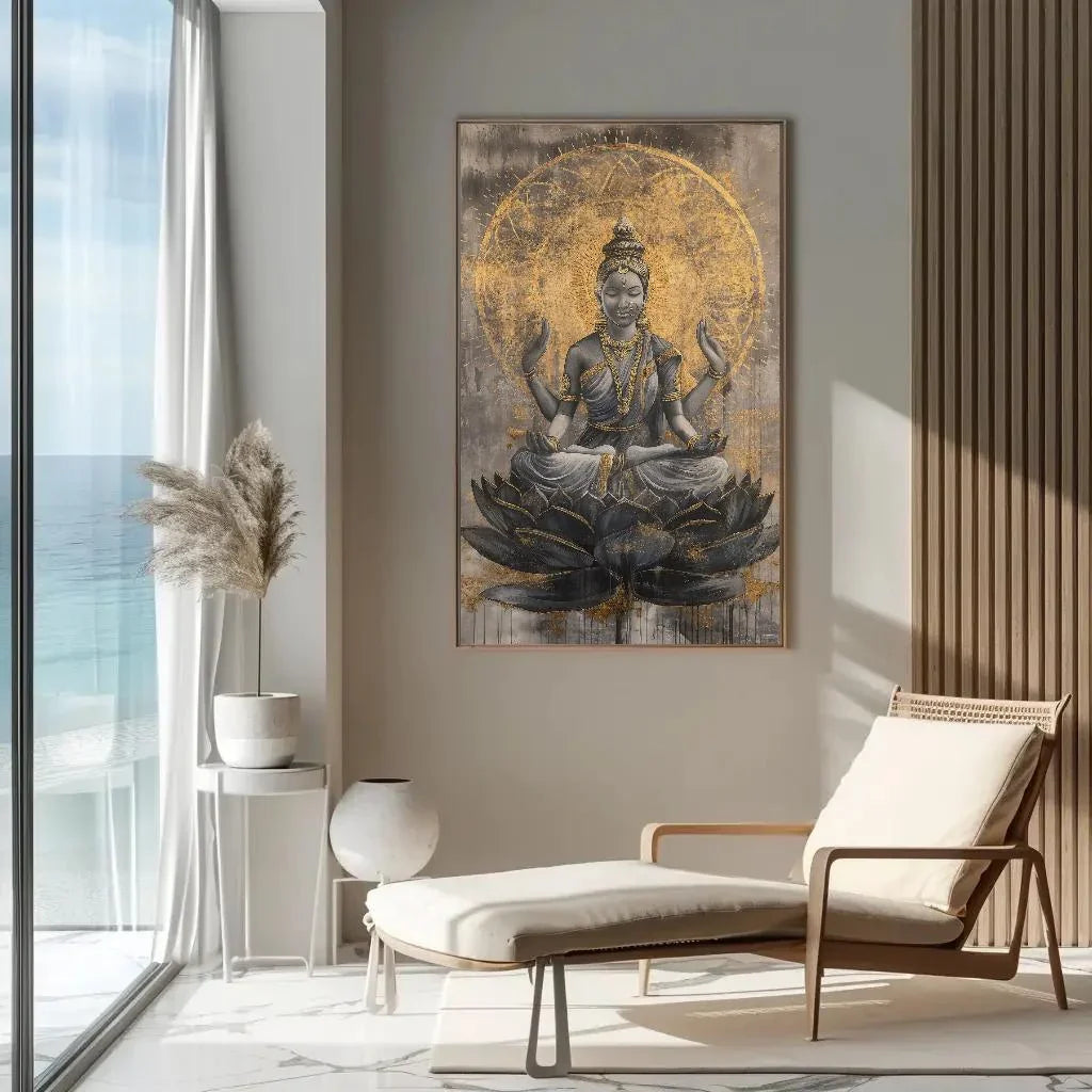 Hindu Goddess Lakshmi on Lotus Gold Painting Canvas - Divine Indian Wall Art - Framed Lakshmi Decor for Home and Office, Ready to Hang Wall Art – Canvas Print