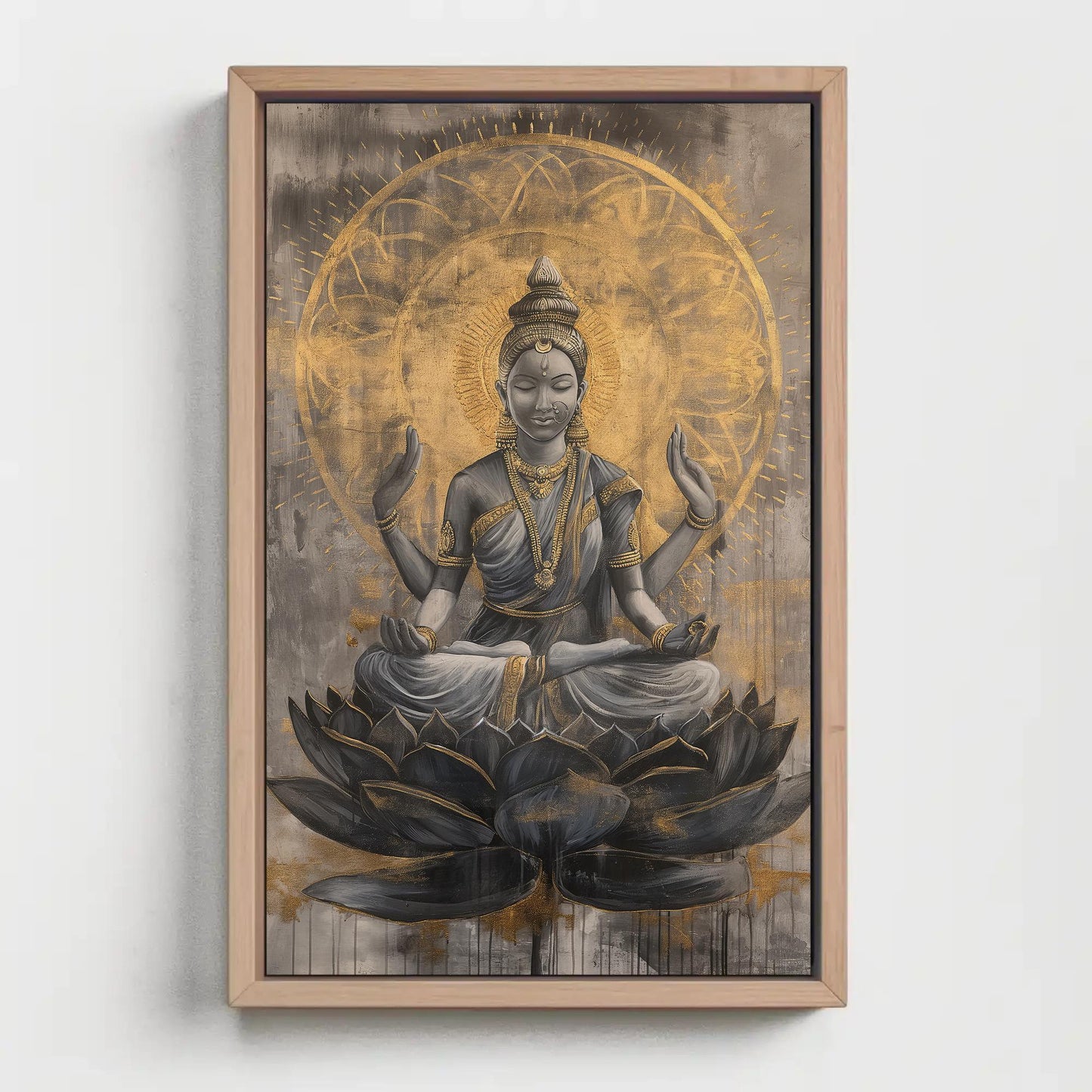 Hindu Goddess Lakshmi on Lotus Gold Painting Canvas - Divine Indian Wall Art - Framed Lakshmi Decor for Home and Office, Ready to Hang Wall Art – Canvas Print