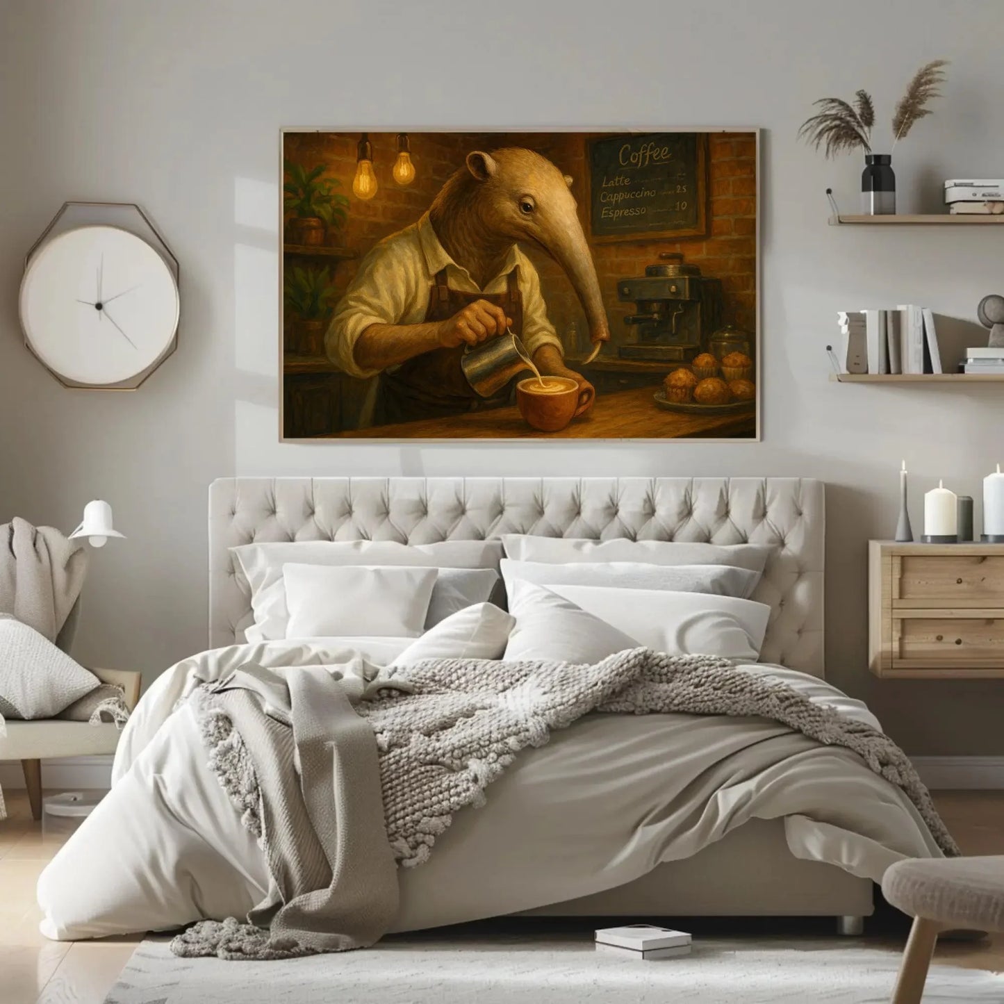 Anthropomorphic Anteater Barista Canvas Print | Coffee Shop Wall Art | Quirky Animal Kitchen Decor | Unique Coffee Lover Gift Wall Art – Canvas Print