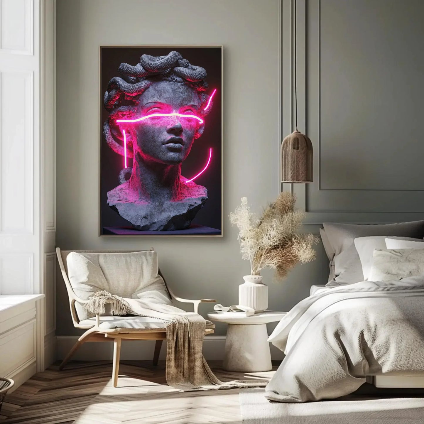 Neon Medusa Canvas Print, Extra Large Cyberpunk Greek Statue Wall Art, Modern Pink Neon Decor for Studio, Bedroom, Alternative Gallery Space Wall Art – Canvas Print