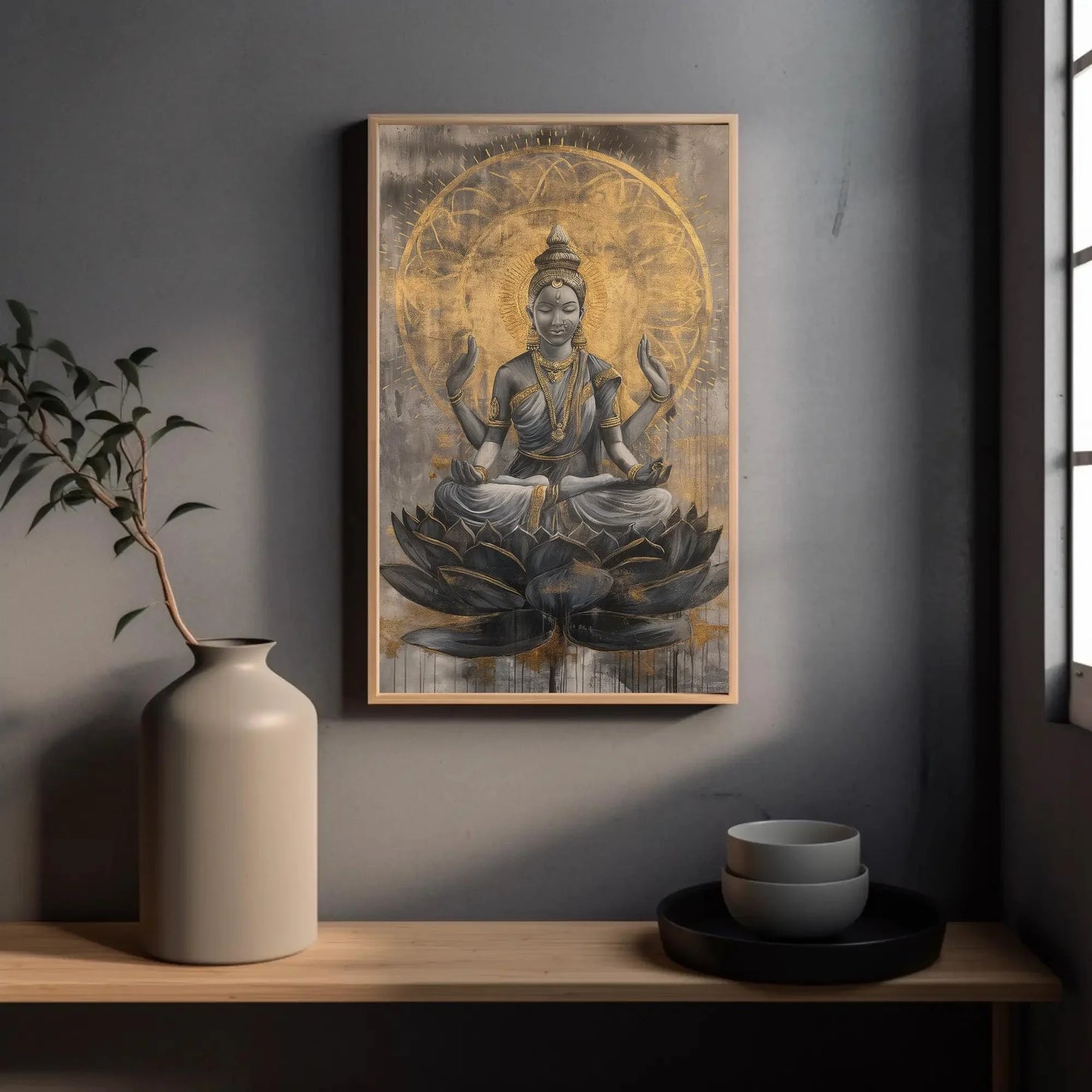 Hindu Goddess Lakshmi on Lotus Gold Painting Canvas - Divine Indian Wall Art - Framed Lakshmi Decor for Home and Office, Ready to Hang Wall Art – Canvas Print