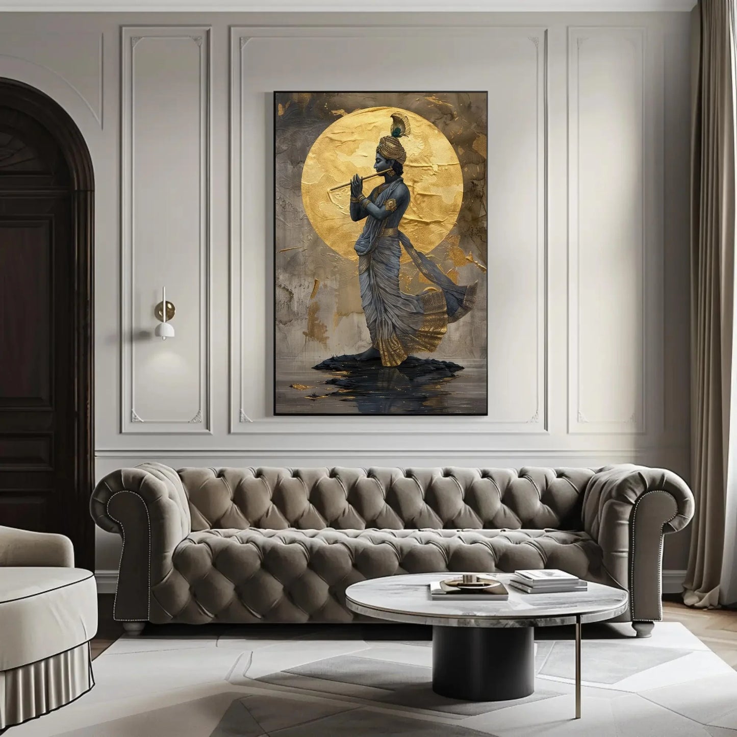 Lord Krishna Playing Flute Under Golden Moon Canvas Painting - Hindu Spiritual Wall Decor - Krishna Indian Artwork for Home, Ready to Hang Wall Art – Canvas Print