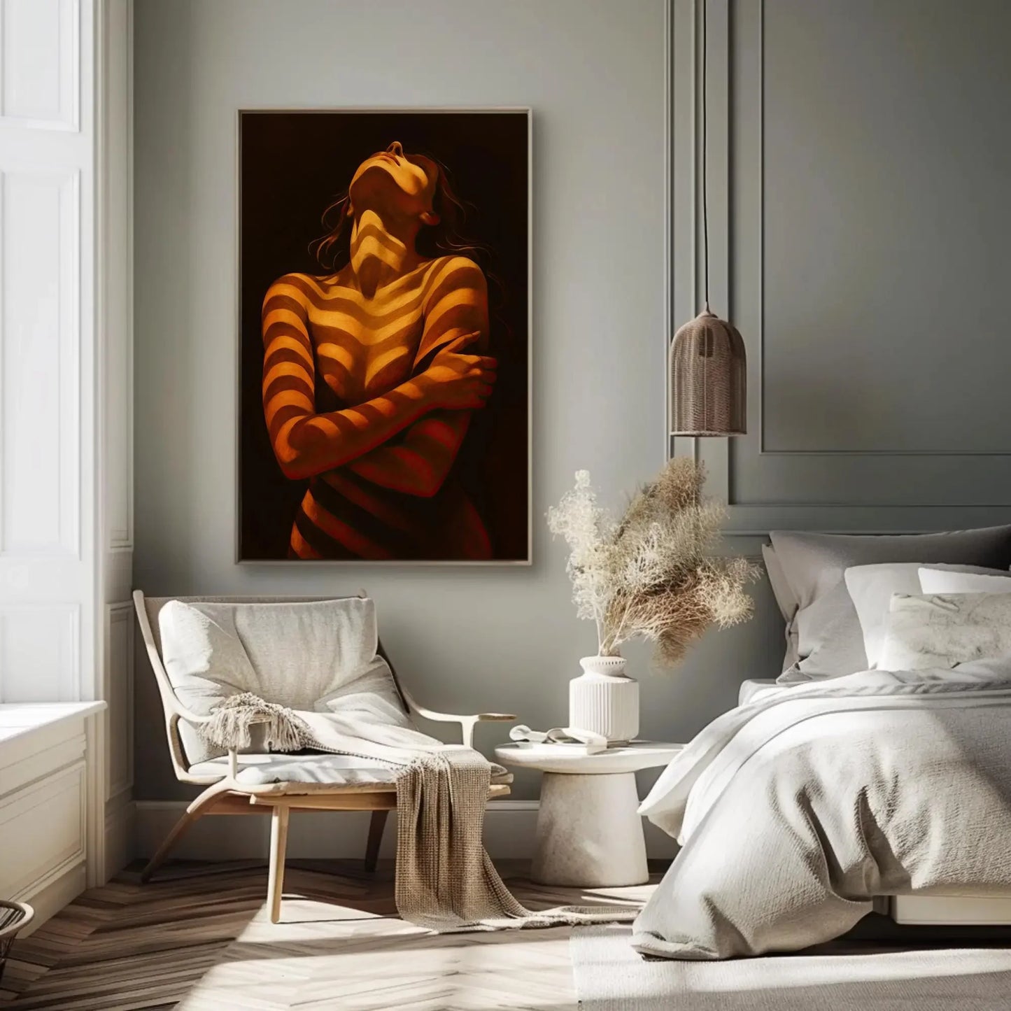 Woman in Shadow Print | Moody Figurative Wall Art | Chiaroscuro Female Form Painting | Sensual Art for Bedroom Decor Wall Art – Canvas Print