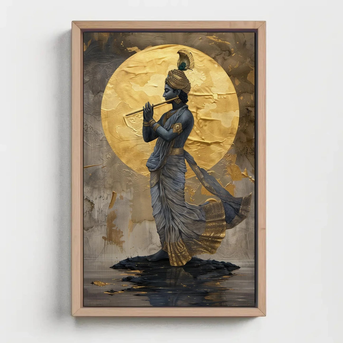Lord Krishna Playing Flute Under Golden Moon Canvas Painting - Hindu Spiritual Wall Decor - Krishna Indian Artwork for Home, Ready to Hang Wall Art – Canvas Print