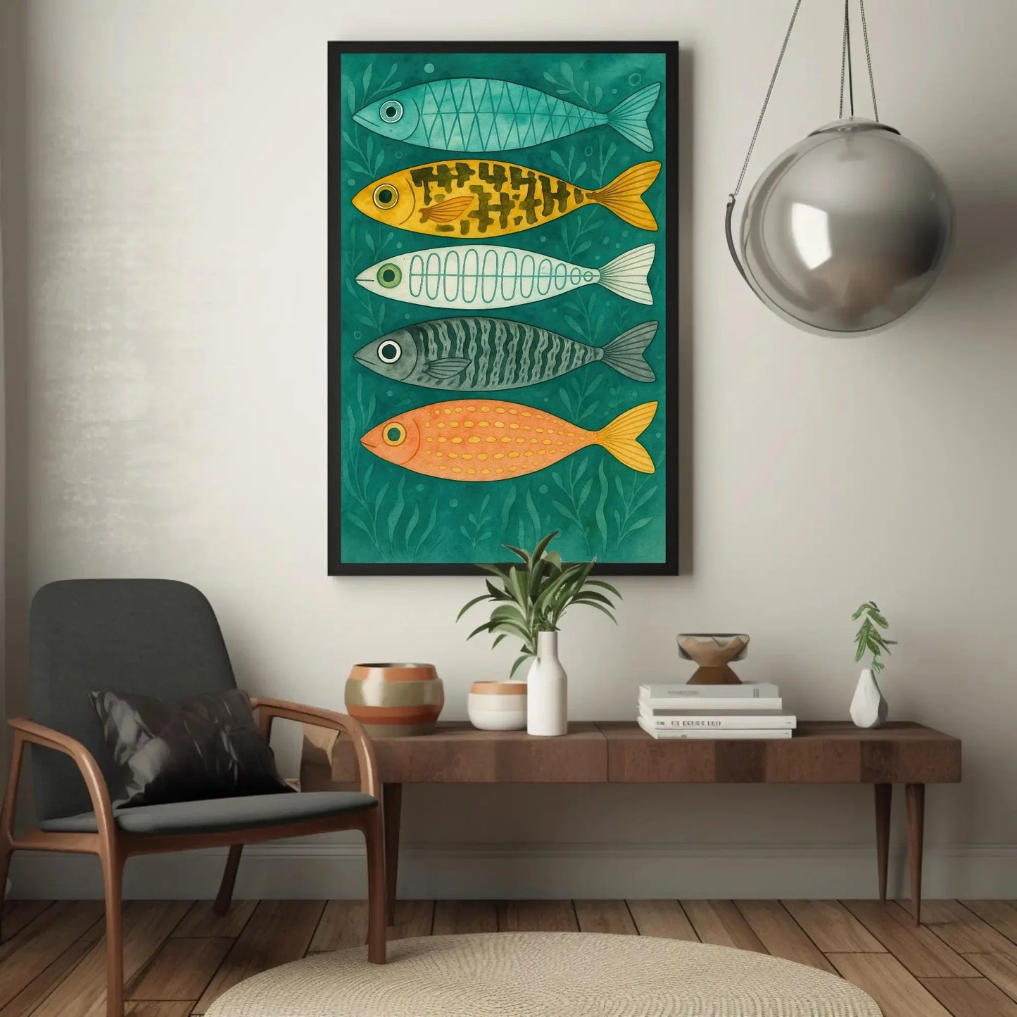 Colorful Fish Wall Art | Coastal Nursery Decor Print | Whimsical Kids Bathroom Art | Scandinavian Folk Art Fish Canvas Wall Art – Canvas Print
