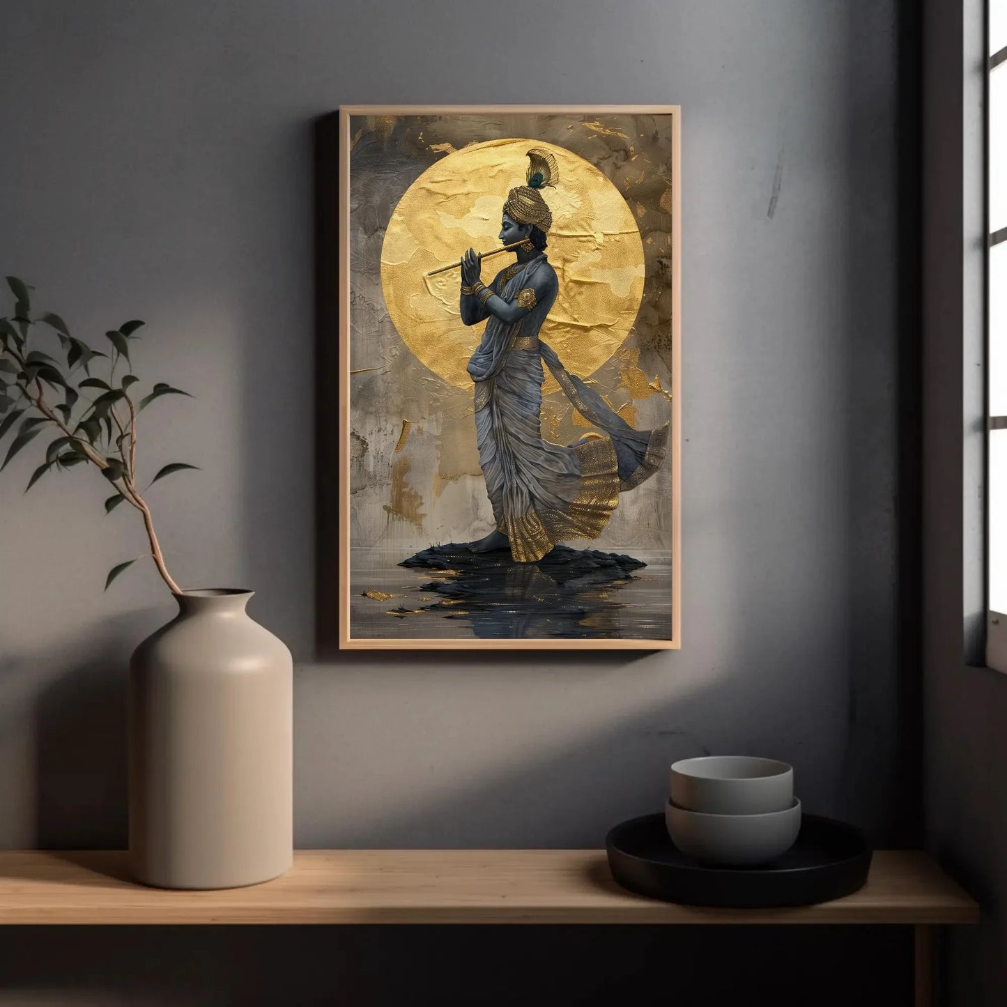 Lord Krishna Playing Flute Under Golden Moon Canvas Painting - Hindu Spiritual Wall Decor - Krishna Indian Artwork for Home, Ready to Hang Wall Art – Canvas Print