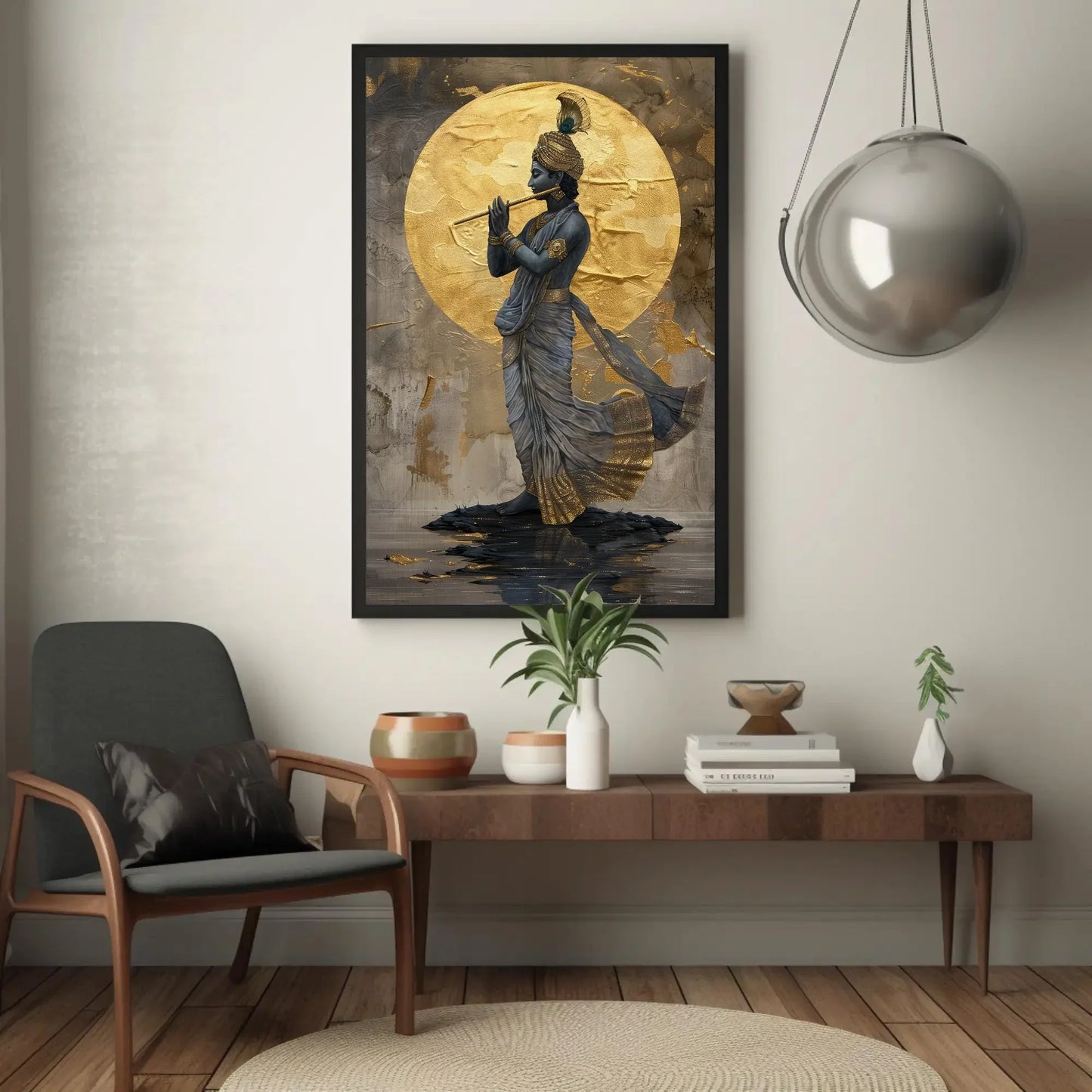 Lord Krishna Playing Flute Under Golden Moon Canvas Painting - Hindu Spiritual Wall Decor - Krishna Indian Artwork for Home, Ready to Hang Wall Art – Canvas Print