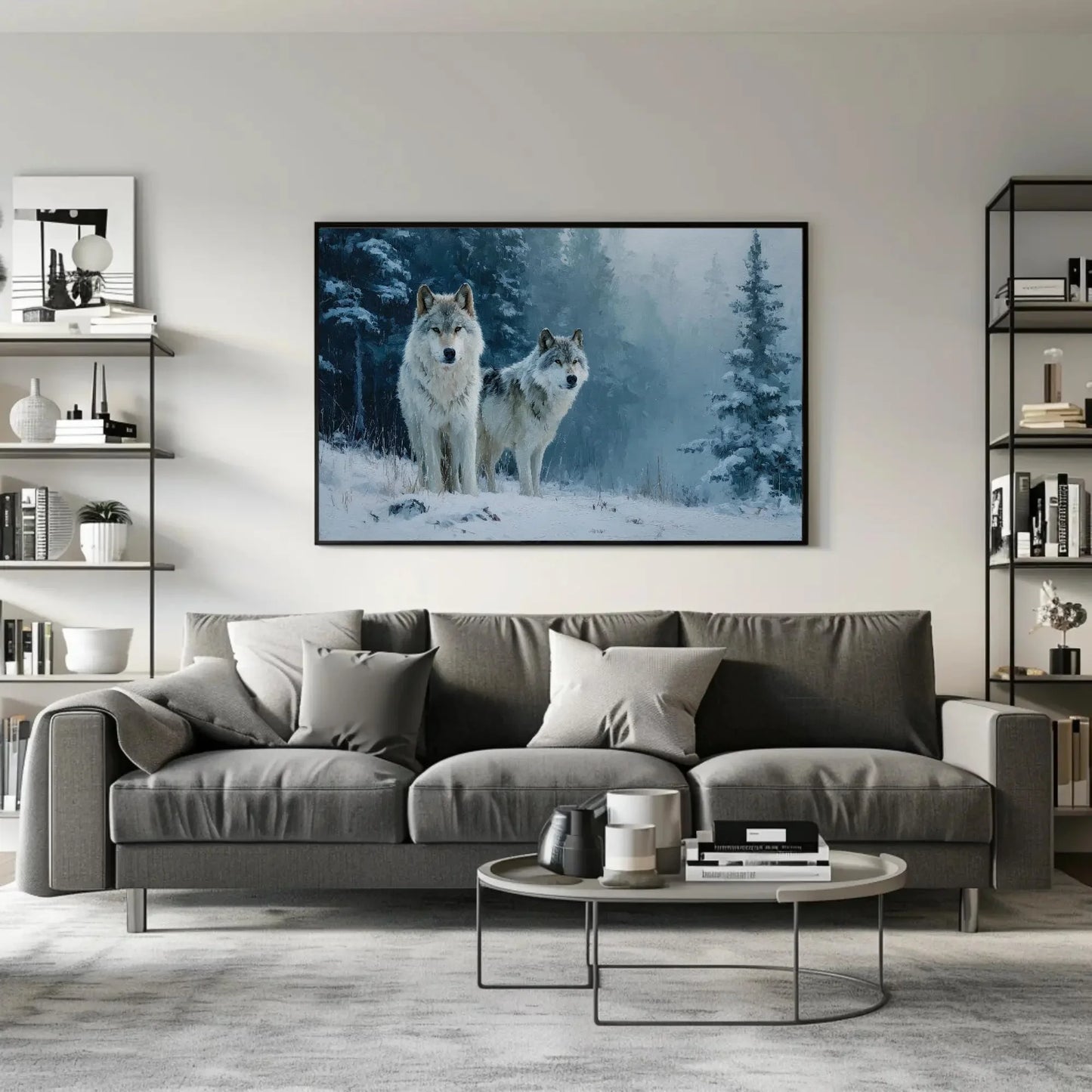 Wolf Pack Canvas Print | Winter Wolves Painting in Snowy Forest | Rustic Cabin Decor | Moody Wildlife Wall Art for Living Room or Office Wall Art – Canvas Print