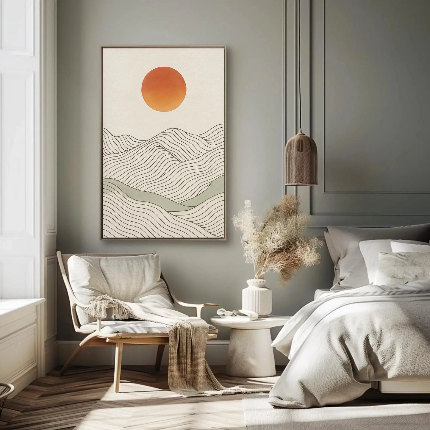 Minimalist Landscape Print | Japandi Wall Art | Abstract Sun and Hills Canvas | Boho Line Art with Neutral Tones Wall Art – Canvas Print
