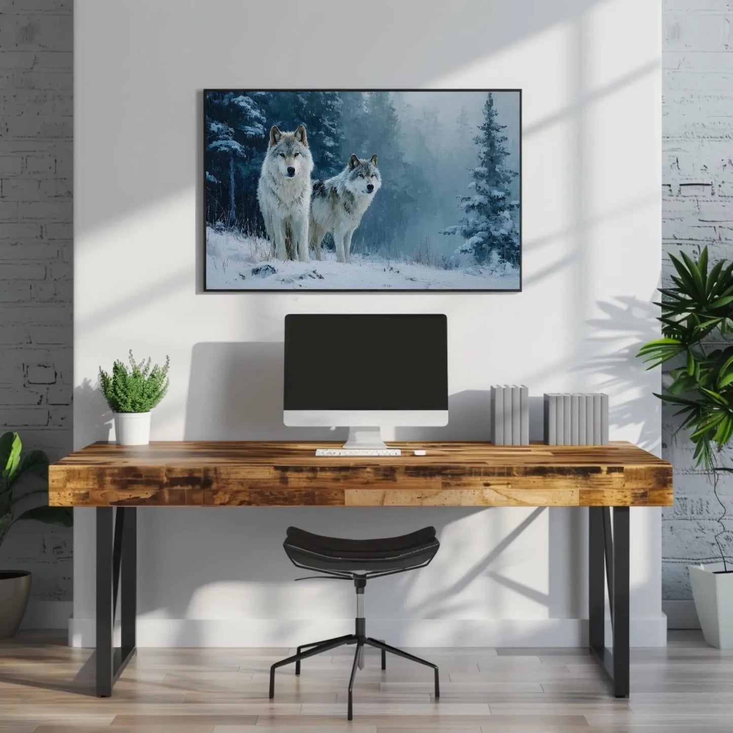 Wolf Pack Canvas Print | Winter Wolves Painting in Snowy Forest | Rustic Cabin Decor | Moody Wildlife Wall Art for Living Room or Office Wall Art – Canvas Print