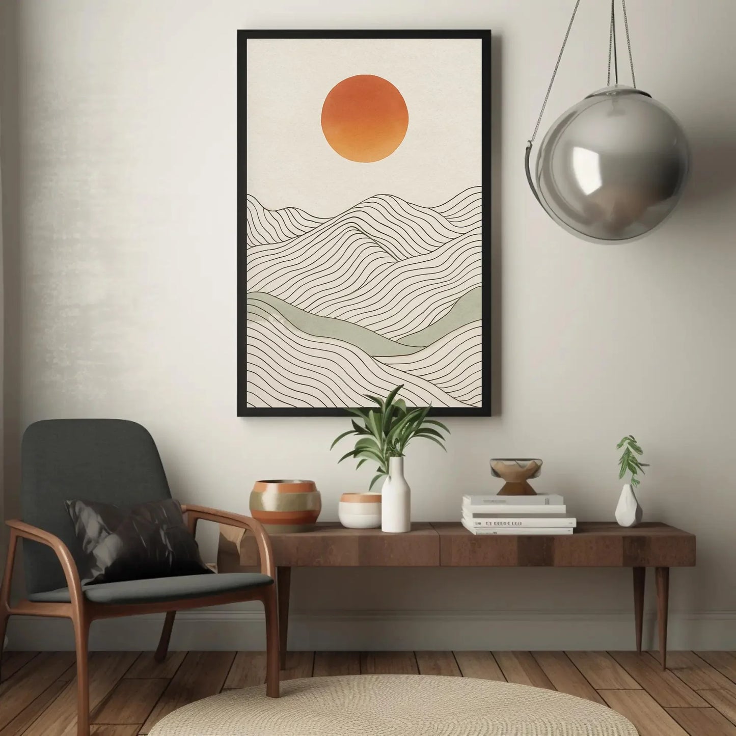 Minimalist Landscape Print | Japandi Wall Art | Abstract Sun and Hills Canvas | Boho Line Art with Neutral Tones Wall Art – Canvas Print