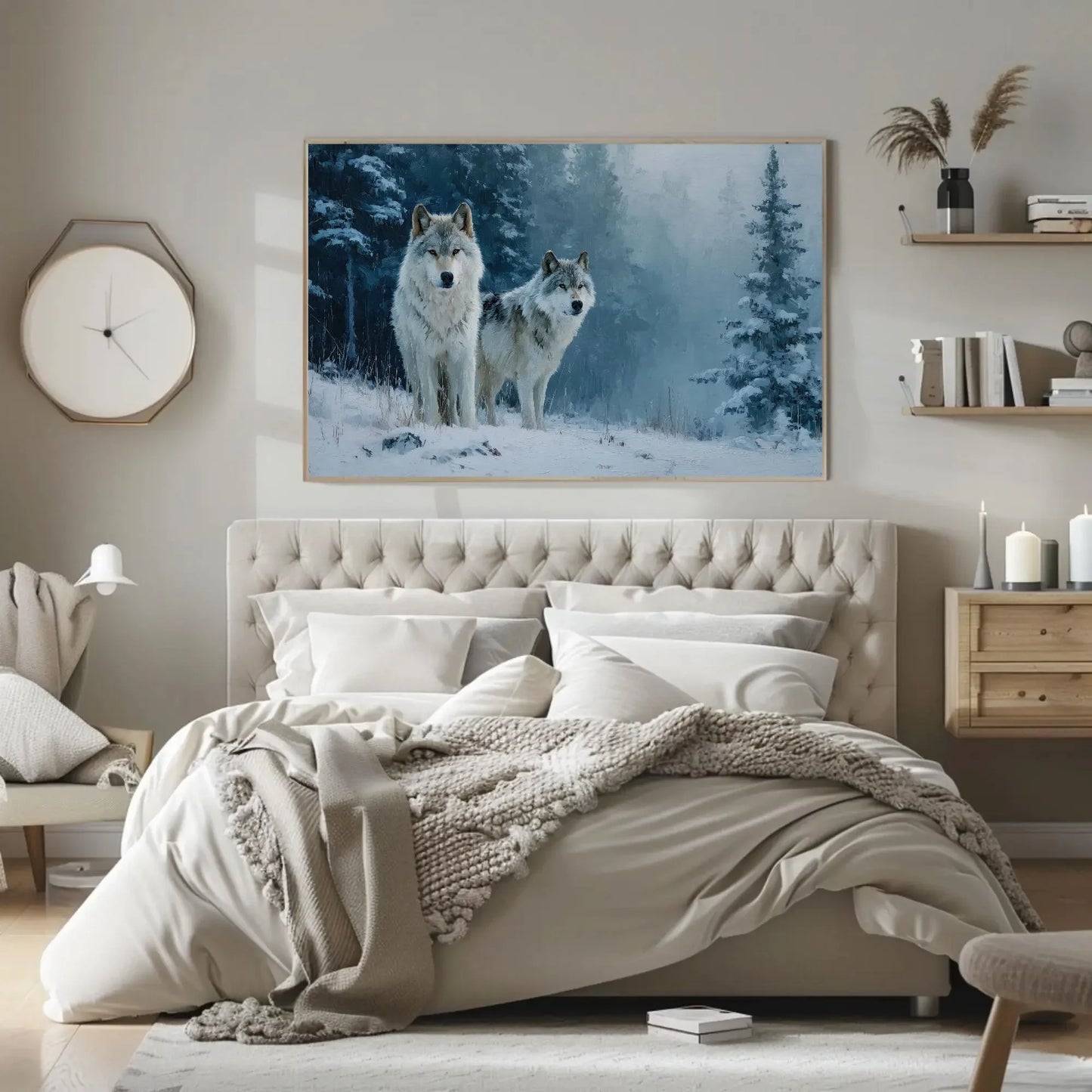 Wolf Pack Canvas Print | Winter Wolves Painting in Snowy Forest | Rustic Cabin Decor | Moody Wildlife Wall Art for Living Room or Office Wall Art – Canvas Print