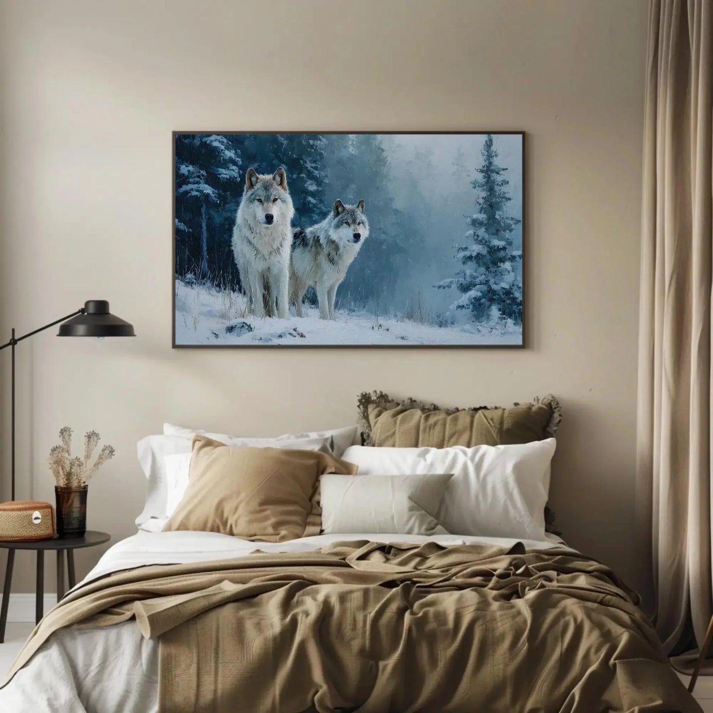 Wolf Pack Canvas Print | Winter Wolves Painting in Snowy Forest | Rustic Cabin Decor | Moody Wildlife Wall Art for Living Room or Office Wall Art – Canvas Print
