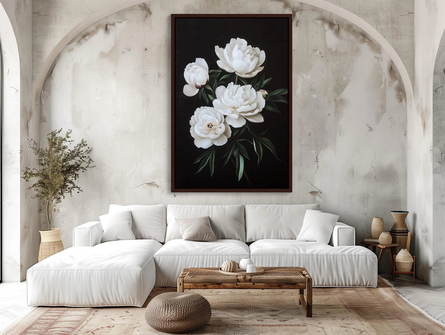 White Peonies on Matte Black Background Canvas Print - Elegant Floral Wall Art - Framed Modern Decor for Living Room, Bedroom, Ready to Hang Wall Art – Canvas Print