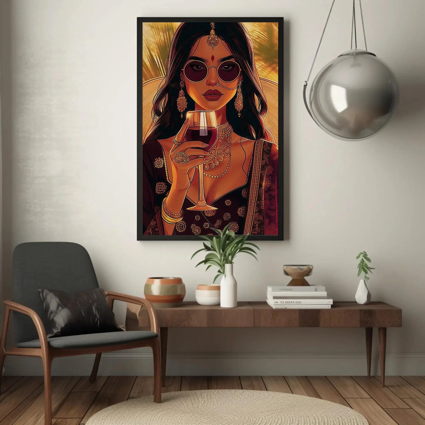 Stylish Indian Woman Drinking Wine Wall Art, Framed Canvas Print, Indian Desi Wall art, Brown Girl Print, South Asian Wall Art Gift Wall Art – Canvas Print