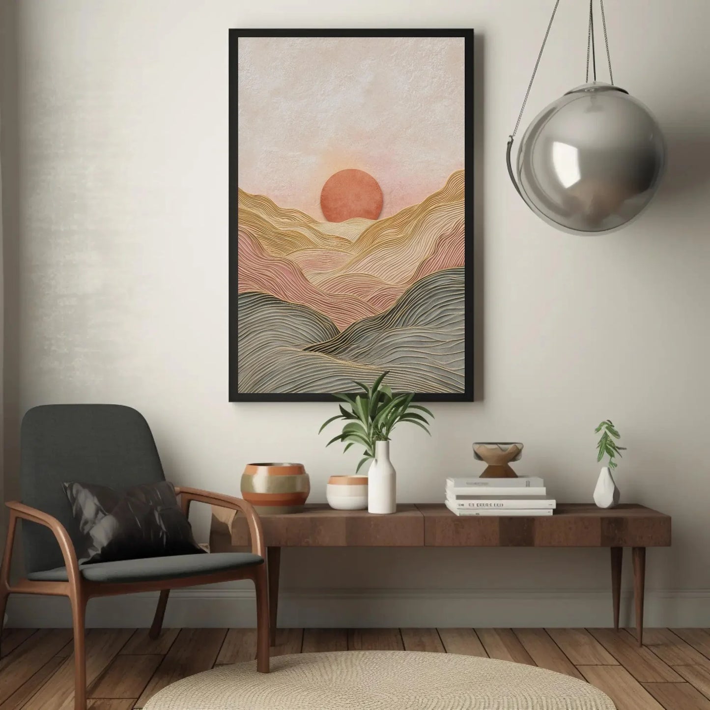 Japandi Wall Art | Minimalist Line Art Landscape | Abstract Sun and Hills Canvas | Terracotta Earth Tone Decor Wall Art – Canvas Print