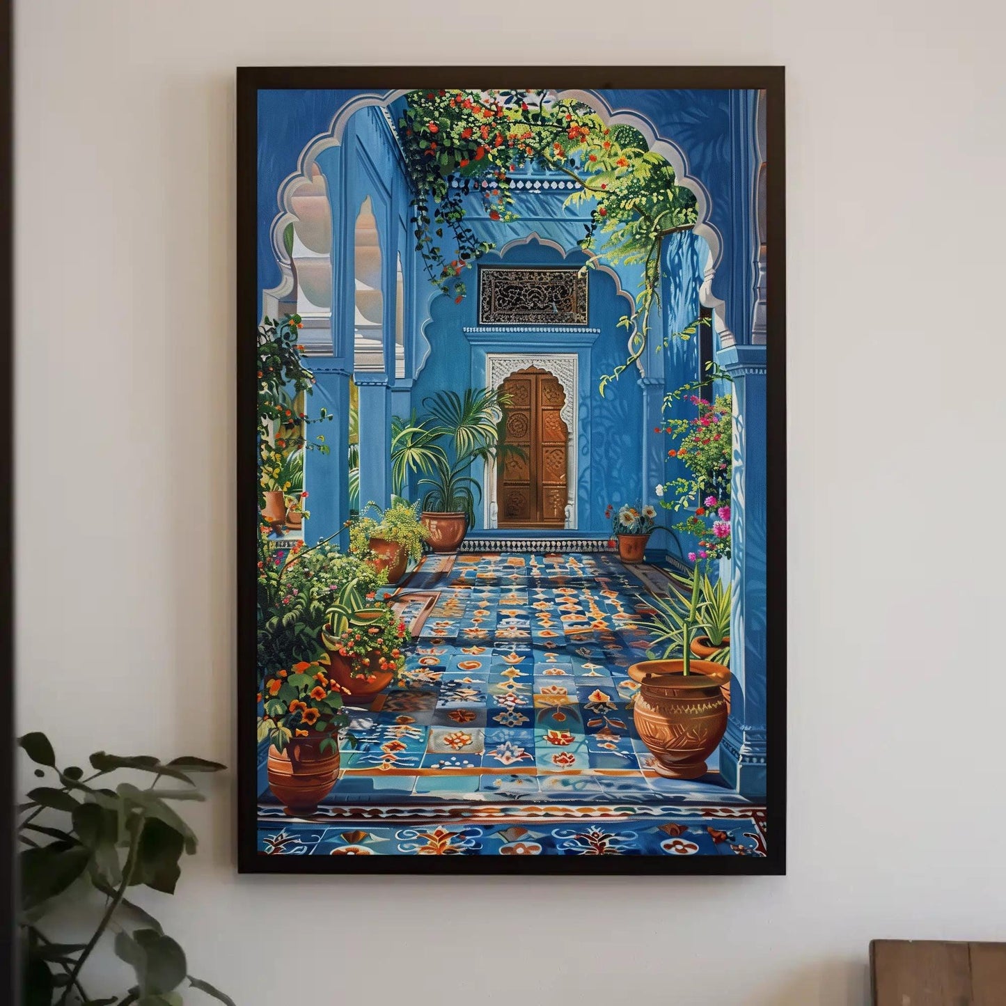 Blue Indian Palace Aangan, Indian Painting, Framed Canvas Wall Art, India Wall Decor, Entryway Decor, Ready To Hang Wall Art – Canvas Print