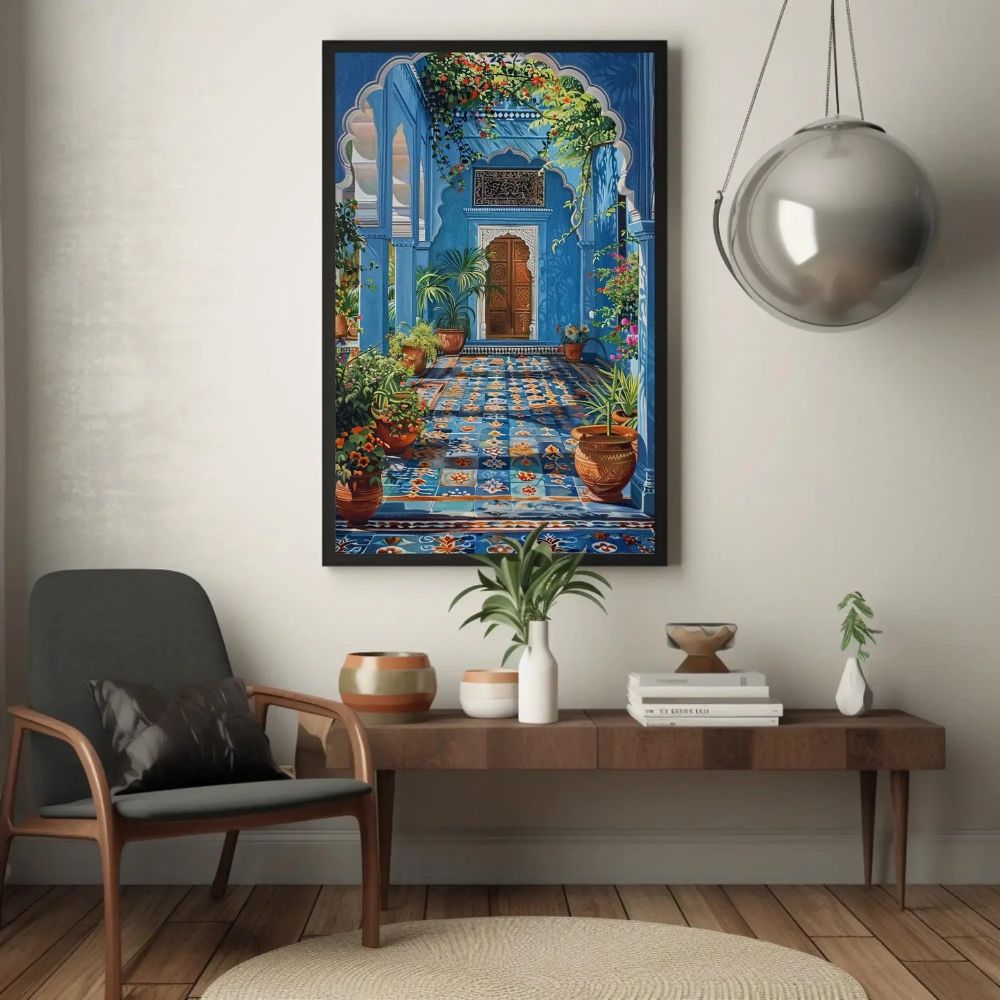 Blue Indian Palace Aangan, Indian Painting, Framed Canvas Wall Art, India Wall Decor, Entryway Decor, Ready To Hang Wall Art – Canvas Print