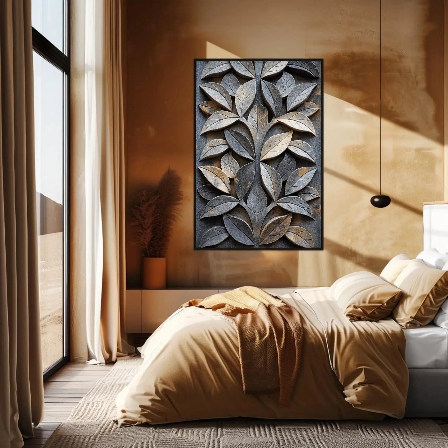 Carved Stone Leaf Design Canvas | Elegant Nature Wall Art | Framed Botanical Artwork for Living Room, Garden Room, Office, Ready to Hang Wall Art – Canvas Print