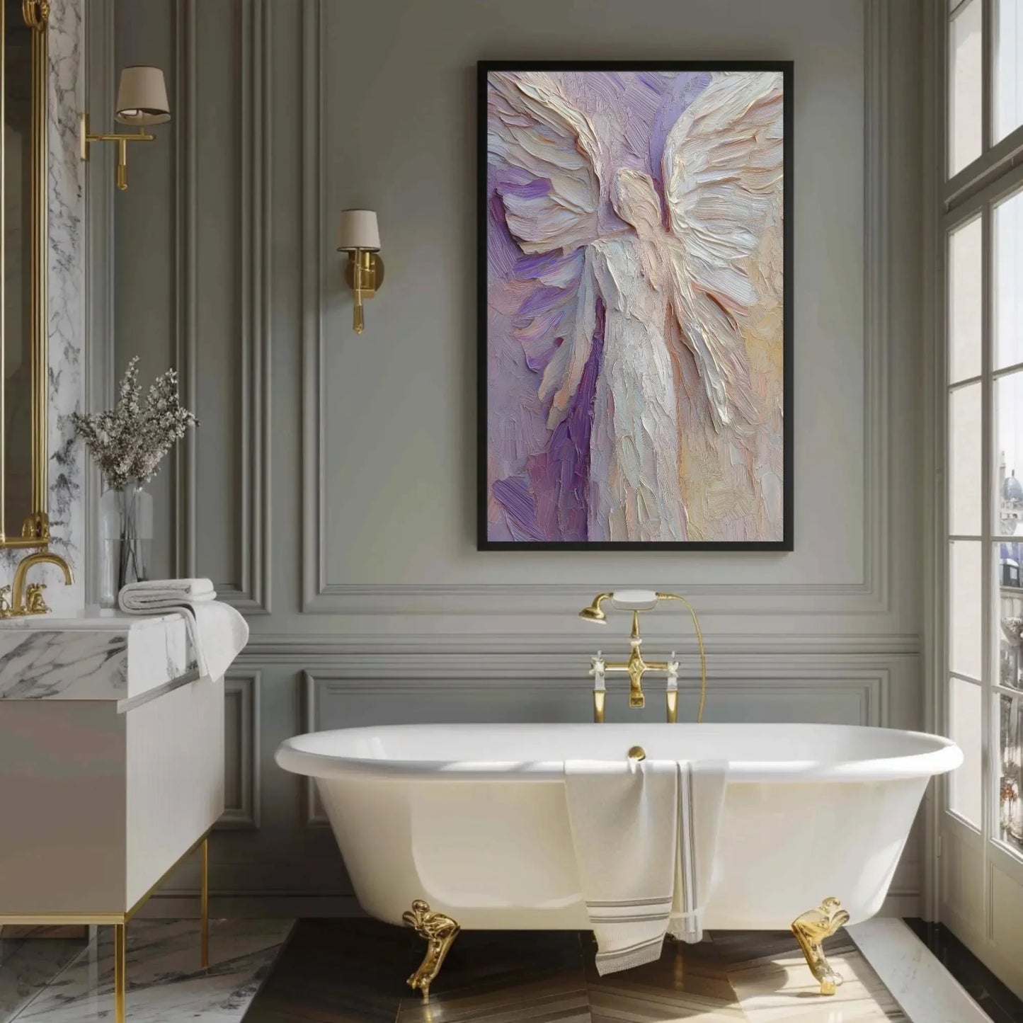 Abstract Angel Wings Canvas Print - Ethereal Guardian Angel Wall Art, Textured Impasto Painting, Spiritual Home Decor, Purple Gold Artwork Wall Art – Canvas Print