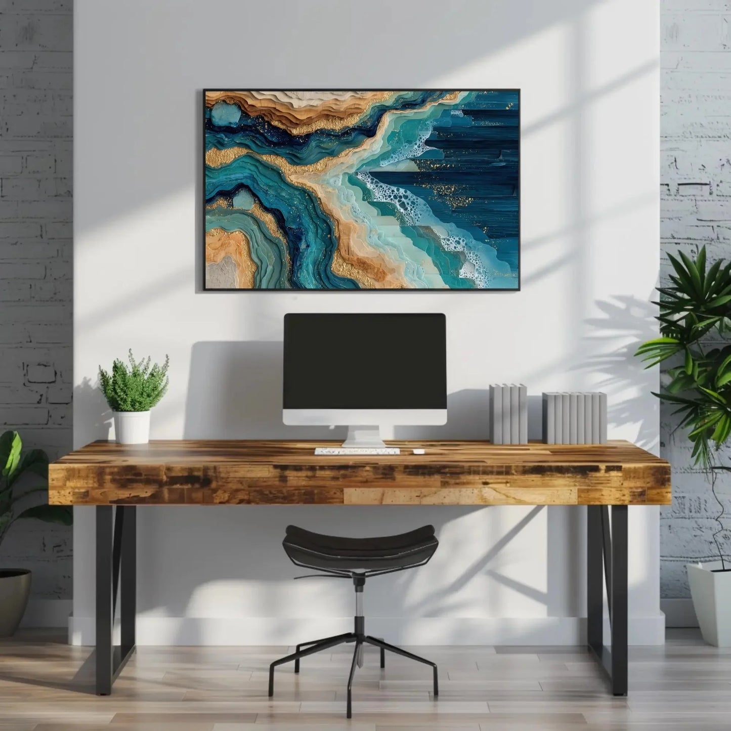 Abstract Ocean Waves Canvas Art, Gold Teal Blue Coastal Wall Decor, Layered Seascape Print, Modern Beach House Art, Serene Nature Gift Wall Art – Canvas Print