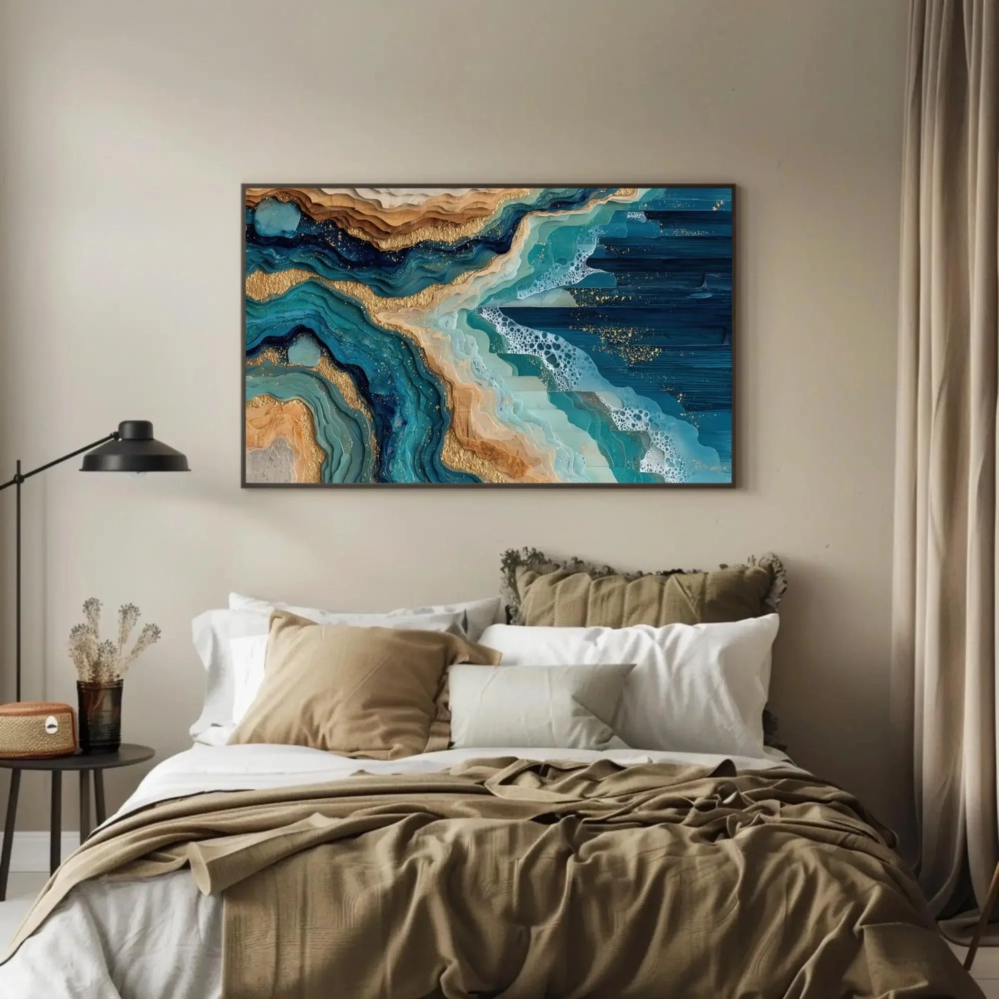 Abstract Ocean Waves Canvas Art, Gold Teal Blue Coastal Wall Decor, Layered Seascape Print, Modern Beach House Art, Serene Nature Gift Wall Art – Canvas Print