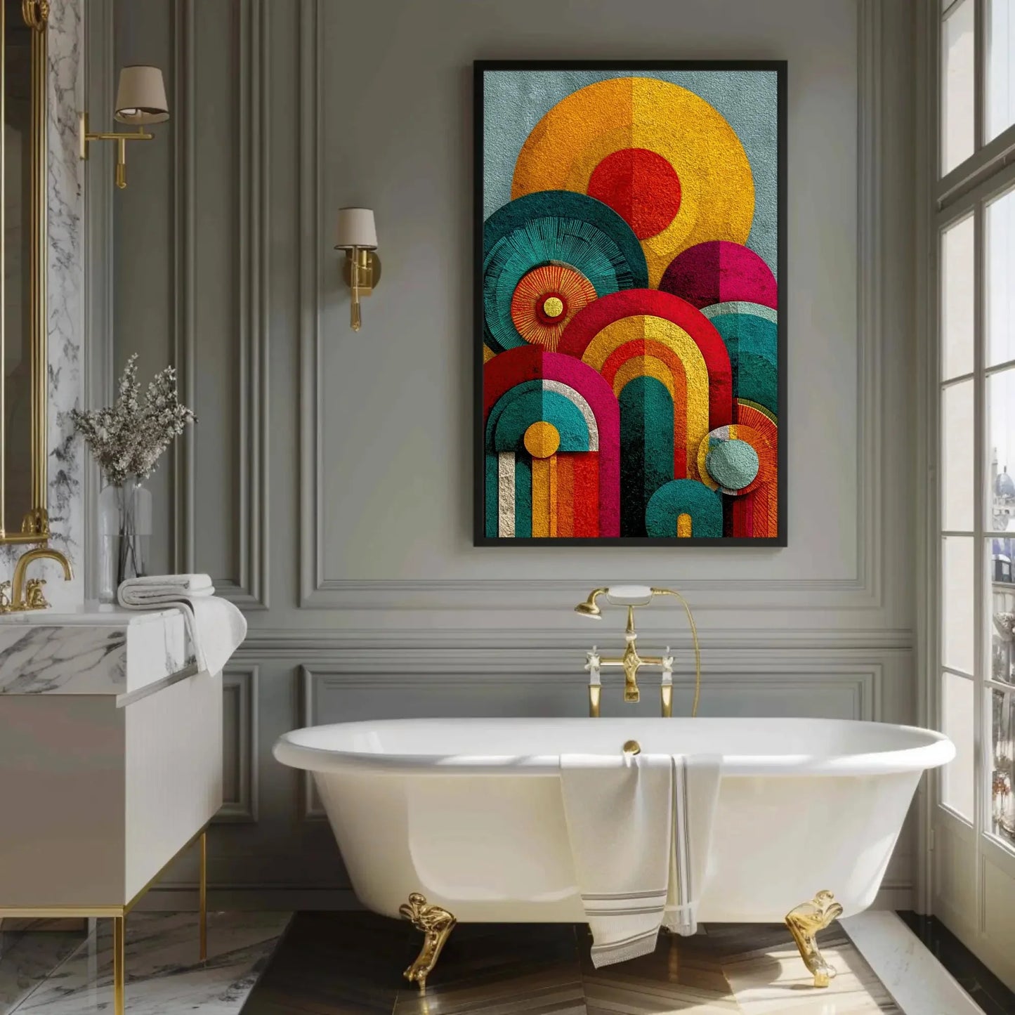 Retro Geometric Canvas Art, 70s Inspired Abstract Print, Vibrant Dopamine Decor, Yellow Orange Pink Teal Wall Art, Textured Circle Design Wall Art – Canvas Print