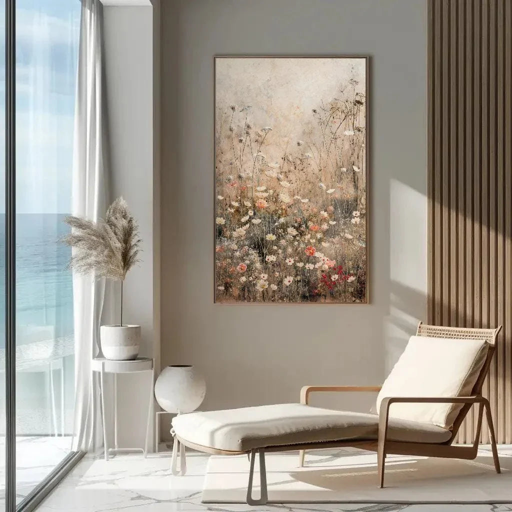 Wildflowers Field Vertical Canvas Print, Rustic Farmhouse Decor, Botanical Wall Art for Nature Lovers, Floral Print for Serene Home Ambiance Wall Art – Canvas Print